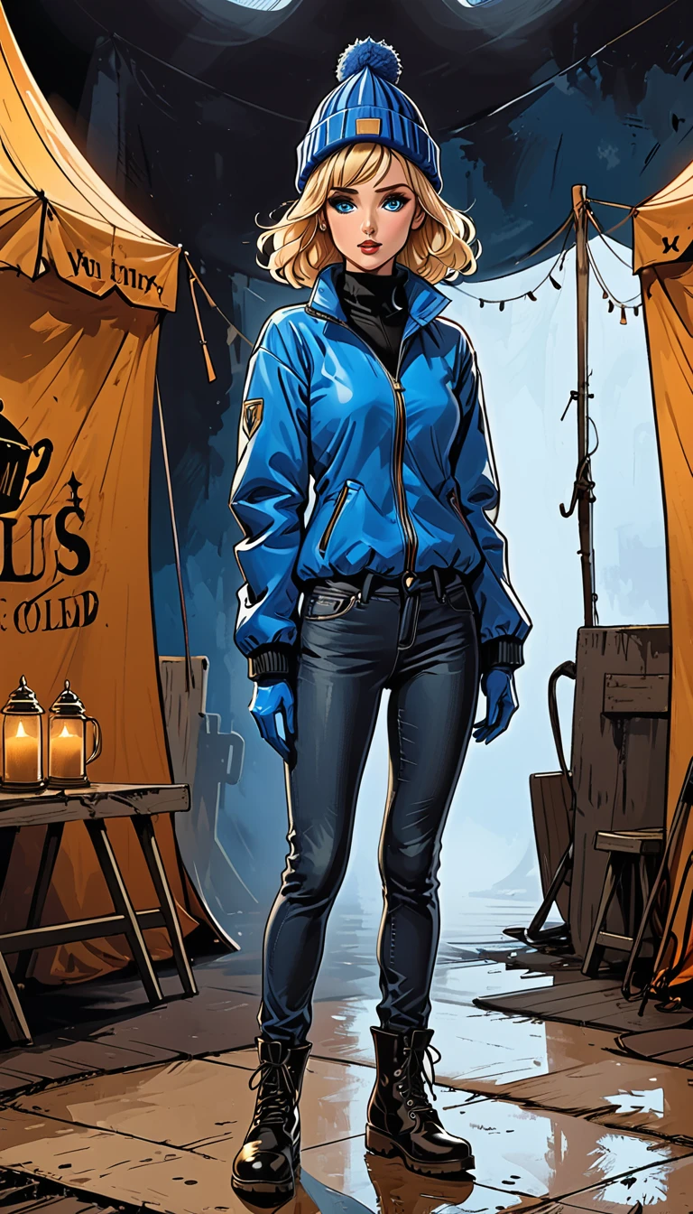 ((inside violet circus tent)),dark atmosphere, ((side view)), deep shadow, shadow, (shocked), (fullbody), side view shocked fullbody ((girl in Blue zipped up down winter jacket and black turtleneck )) 
and (((jeans))) and blue gloves and (((blue winter hat)))) and black hiking boots walking at circus tent,adult, [Nordic], Hourglass elongated fitness body, perfect Olive skin, Oval Face, Long neck, Rounded shoulders, perfect hand, Attached Pointed ears, round forehead, (Short blonde Waves pixie hair), snub nose, Arched eyebrows, ((monolid blue Eyes)), High Round Narrow cheekbones, Dimpled Cheeks, Rounded Chin, Rounded Jawline, Full nude Lips, (blue eyes), Nude Makeup Look, long eyelashes, long slim fitness legs, graphic style of novel comics, perfect hands, 2d, 8k, hyperrealism, masterpiece, high resolution, best quality, ultra-detailed, super realistic, Hyperrealistic art, high-quality, ultra high res, highest detailed, lot of details, Extremely high-resolution details, incredibly lifelike, colourful, soft cinematic light,