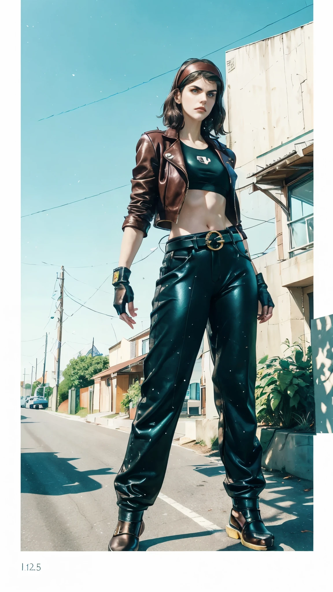 (masterpiece:1.2, best quality:1.2, extremely delicate:1.2), ((Alexandra Daddario:1.2)), a young women with short purple hair, side-parted bangs, wearing a headband, a determined gaze, a serious expression, a futuristic fantasy-style leather jacket featuring multiple ring designs, a belt with a large circular buckle, matching pants, leather fingerless gloves, green flames swirling around his hands, the background features a complex futuristic fantasy-style street, this character embodies a finely crafted futuristic fantasy-style street fighter in anime style, exquisite photography, Photo realism, photorealistic, perfect skin, dramatic, high definition, highres, ultra-detailed, ultra-fine painting, professional, perfect body proportions, golden ratio, anatomically correct, symmetrical face, extremely detailed eyes and face, high quality eyes, creativity, RAW photo, UHD, 32k, Natural light, cinematic lighting, (masterpiece-anatomy-perfect:1.2)