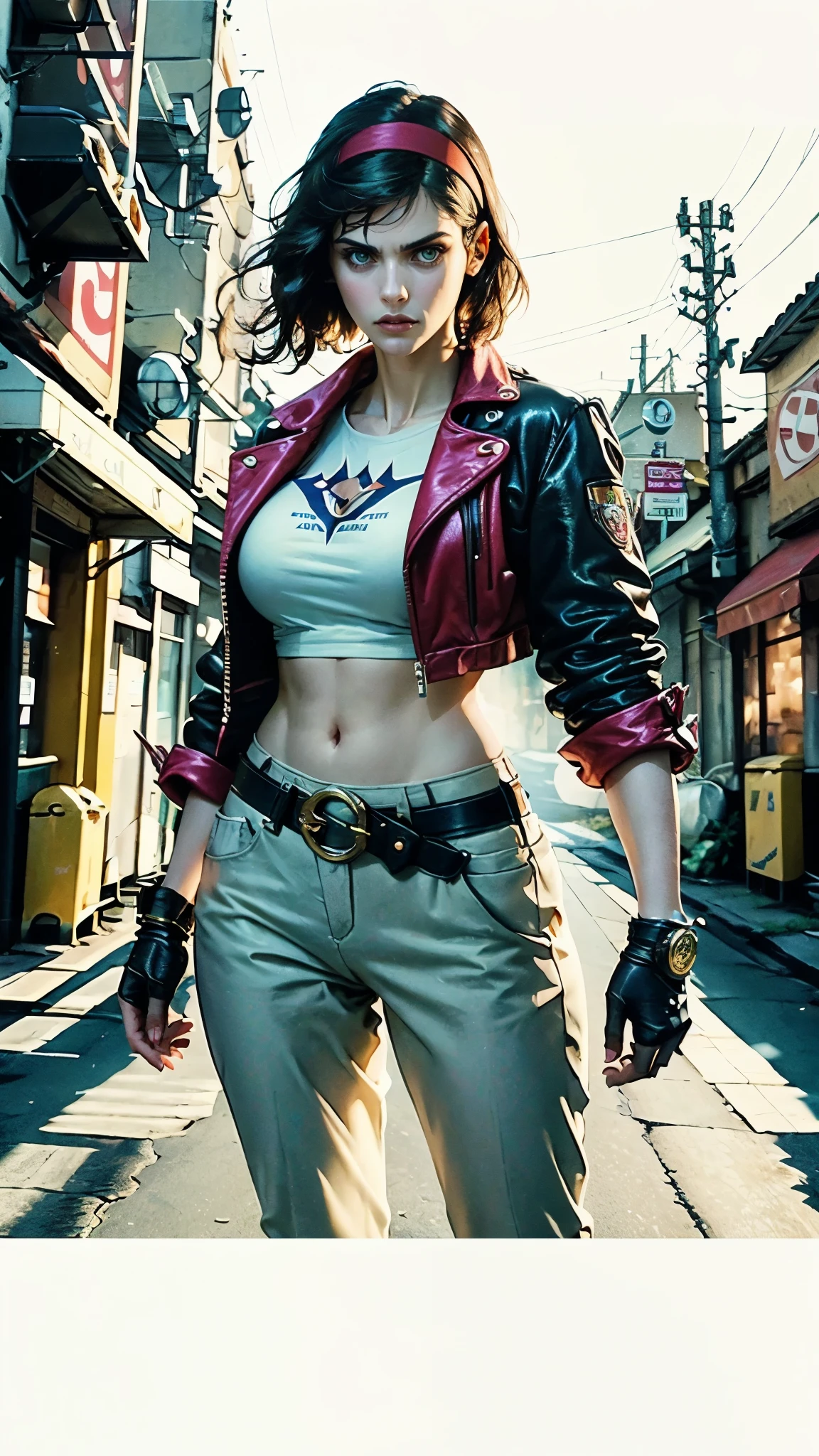 (masterpiece:1.2, best quality:1.2, extremely delicate:1.2), ((Alexandra Daddario:1.2)), a young women with short purple hair, side-parted bangs, wearing a headband, a determined gaze, a serious expression, a futuristic fantasy-style leather jacket featuring multiple ring designs, a belt with a large circular buckle, matching pants, leather fingerless gloves, green flames swirling around his hands, the background features a complex futuristic fantasy-style street, this character embodies a finely crafted futuristic fantasy-style street fighter in anime style, exquisite photography, Photo realism, photorealistic, perfect skin, dramatic, high definition, highres, ultra-detailed, ultra-fine painting, professional, perfect body proportions, golden ratio, anatomically correct, symmetrical face, extremely detailed eyes and face, high quality eyes, creativity, RAW photo, UHD, 32k, Natural light, cinematic lighting, (masterpiece-anatomy-perfect:1.2)