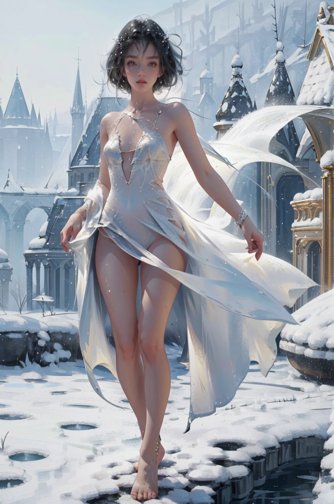 ((aeolian)), 1 young girl with a beautiful face and green eyes, Princess, (naked and wearing a white gown), very long black hair, no underwear, slim body, long legs, fantasy winter village landscape, bare feet, small breasts, leaning over, shiny skin, wet skin, silver necklace, silver anklets