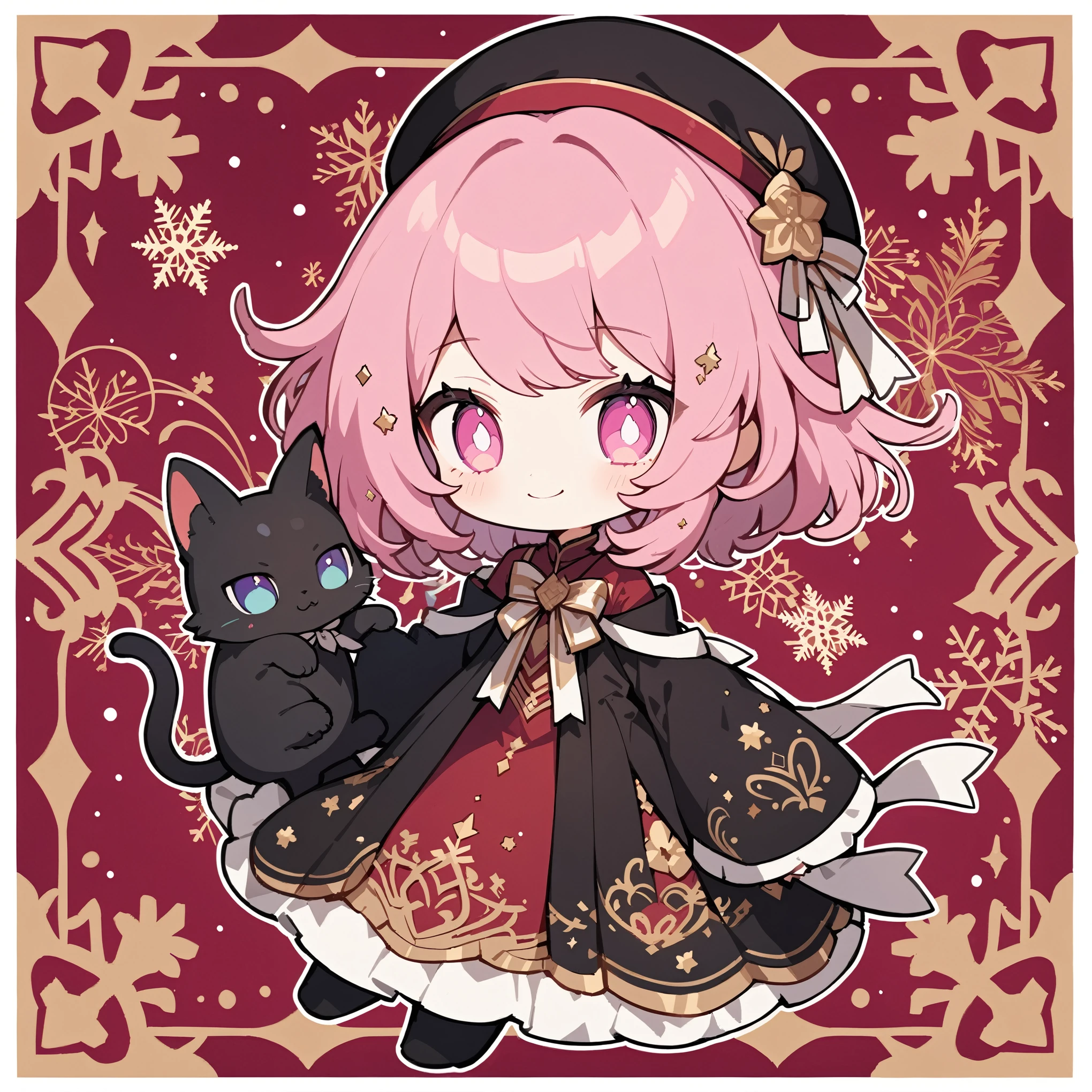 ultra-detailed illustration of cute girl, wizard girl with a magical black cat, solo, chibi, pale pink short hair, magenta eyes, twinkle eyes, white pupils, beret, black robe with golden embroidery, red and black dress, white ribbons, decorative background, snow flakes, smile, masterpiece, best quality, beautiful illustration, very aesthetic art, perfect anatomy, perfect hand