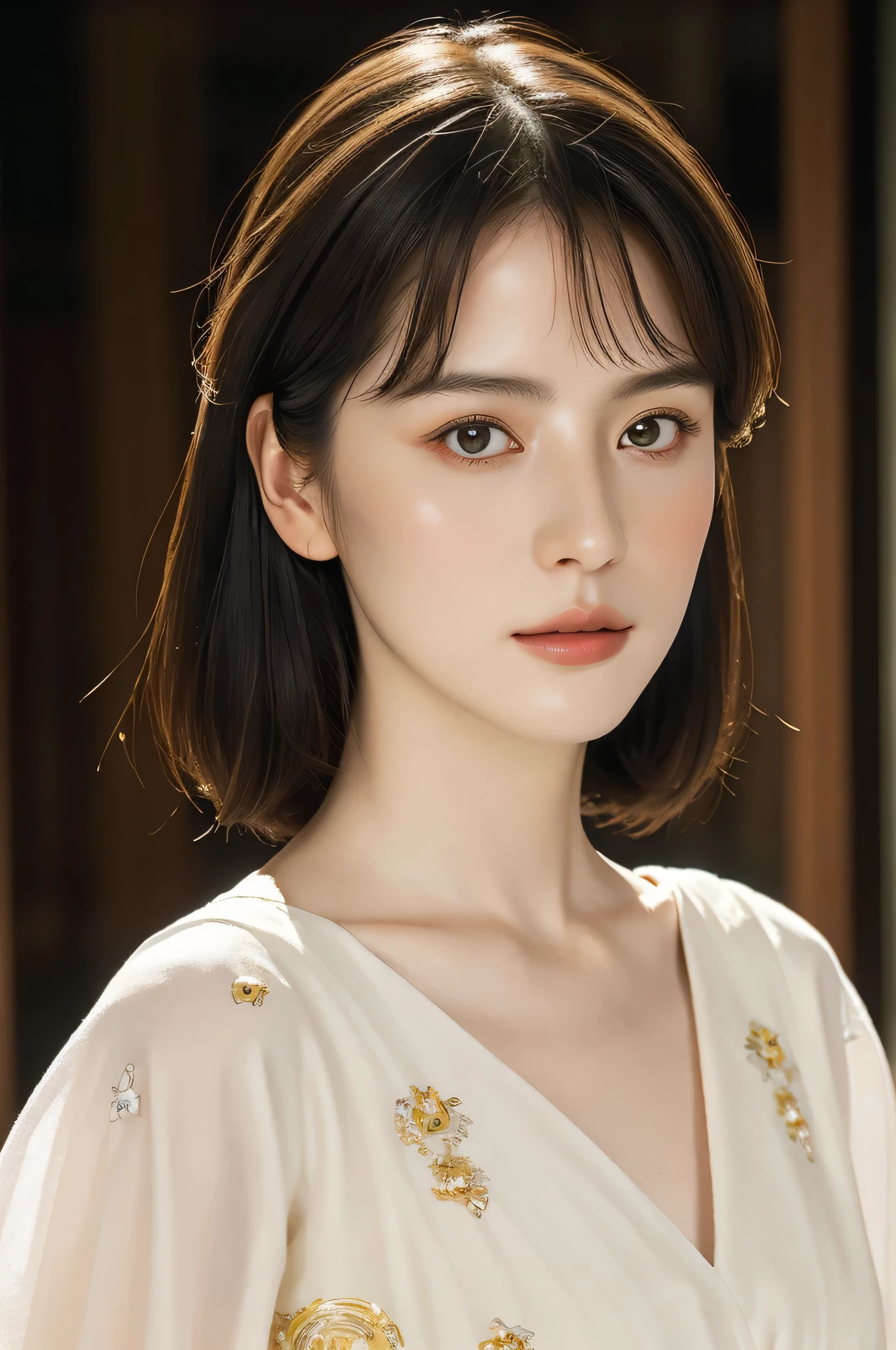 117
(20 year old woman,stand), (surrealism), (High level image quality), ((Beautiful Hairstyle 46)), ((Short hair)), (soft smile), (chest:1.1), (lipstick), (floral pattern), (Light and Darkness), (rembrandt painting), (Luxurious rooms)
