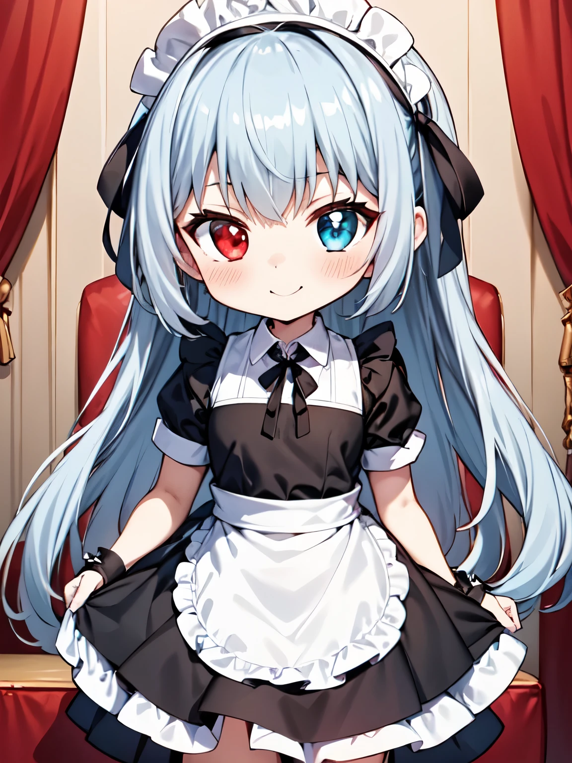 One Girl、(Moe:1.10)、Luminous Valentine、Cute white and blue maid outfit、((Chibi Character:1.2))、Silver Hair、Waist-length hair, (blue eyes:1.2), Heterochromia iridis, (Red eyes:1.3)、Beautifully colored eyes　Cute Smile、fluffy、fluffy、With a girl、(Chibi Character:1.4)、Ezvian Everywhere、Victorian maid clothes、Absolute reference to the center、Gothic Clothing、8Ｋimage、Mini Characters、Chibi Character、Highest quality、