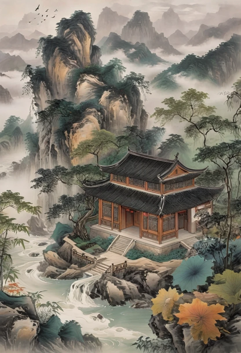 Majestic ancient temple buildings on high mountain cliffs in the vast and towering mountains of the fairyland forest(Close-up of exquisite wooden ancient temple architecture) Very beautiful Chinese scenery surrounded by thick fog, Ethereal Otherworldly Movie Scene Details Intricate Art Masterpiece Masterpiece Actual, Fresh and elegant aesthetic style, ink and wash paintings are very beautiful, perfect composition, intricate details, Super refined and beautiful quality work from the hands of a master