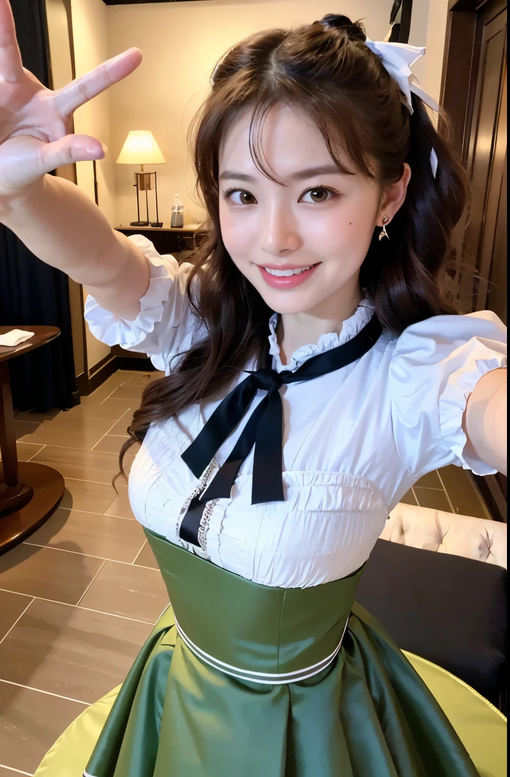 ((8k:1.27)、Highest quality、masterpiece、Ultra-high resolution:1.2)Beautiful Chinese women photos (Comfortable:1.1),((Cafe Outfit:1.21)),Designed by Greg Rutkowski and Alphonse Mucha Exquisite Elegance、Fantasy、detailed、geometry、Gradient lighting、One Girl、Delicate skin、Looking at the audience、Brown eyes、(Flaxen long hair:1.2)、(Photorealistic:1.4)、(Highest quality:1.0)、(Ultra-high resolution:1.0)、(Without the use of hands:1.0)、8k、RAW Photos、 (Representative Song: 0.2), (Pure Eros Face_v1:0.5)、Light short sleeves、(((housewife)))、2、mischief、schedule、Stir、Eyes that look like they want something、Inviting, gestures、Etchin Grip、shortcut、Long hair、((Suite Room)),((Night view))、((smile))、((Selfie))、((no seam)),(Teeth are visible),(Old-fashioned face),(Hippie style), ((Curved waist)),(Armpits are visible),(((Big ribbon))),((Holding flowers)),((Tying up hair)),((Selfie)),(((Nogizaka46)))