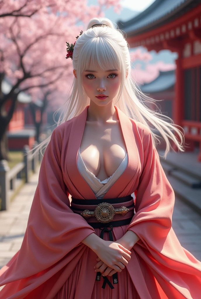(realistic:1.5), brown eyes, xyzahri, ahri, 1girl, absurdres, ahri_\(league_of_legends\), pink_hair, pink animal ears, animal ears fluff, bare_shoulders, whisker_markings , white_kimono, hair_ornament, japanese_clothes, kimono sleeves, long_hair, looking_at_viewer, cherry blossoms, sakura blossoms, japanese shinto, solo, bare neck, cleavage, big breasts, <lora:Ahri:0.8>