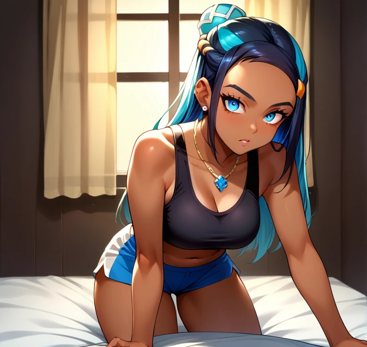 score_9, score_8_up,score_7_up, source_anime, 1girl, solo, EPpkNessa, blue eyes, black hair, blue hair, streaked hair, single hair bun, tan skin, tan-skinned female, necklace, ear piercing, black sports bra,shorts,bedroom, at a dark room, at night , city view from the window, gyaru,