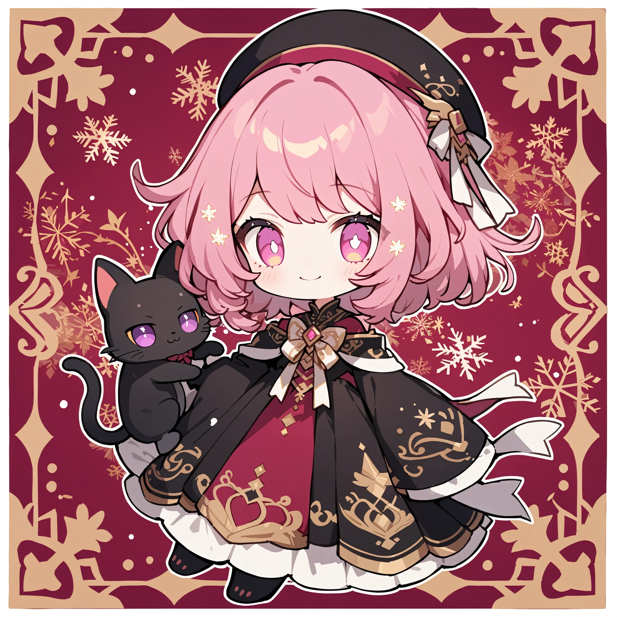 ultra-detailed illustration of cute girl, wizard girl with a magical black cat, solo, chibi, pale pink short hair, magenta eyes, twinkle eyes, white pupils, beret, black robe with golden embroidery, red and black dress, white ribbons, decorative background, snow flakes, smile, masterpiece, best quality, beautiful illustration, very aesthetic art, perfect anatomy, perfect hand