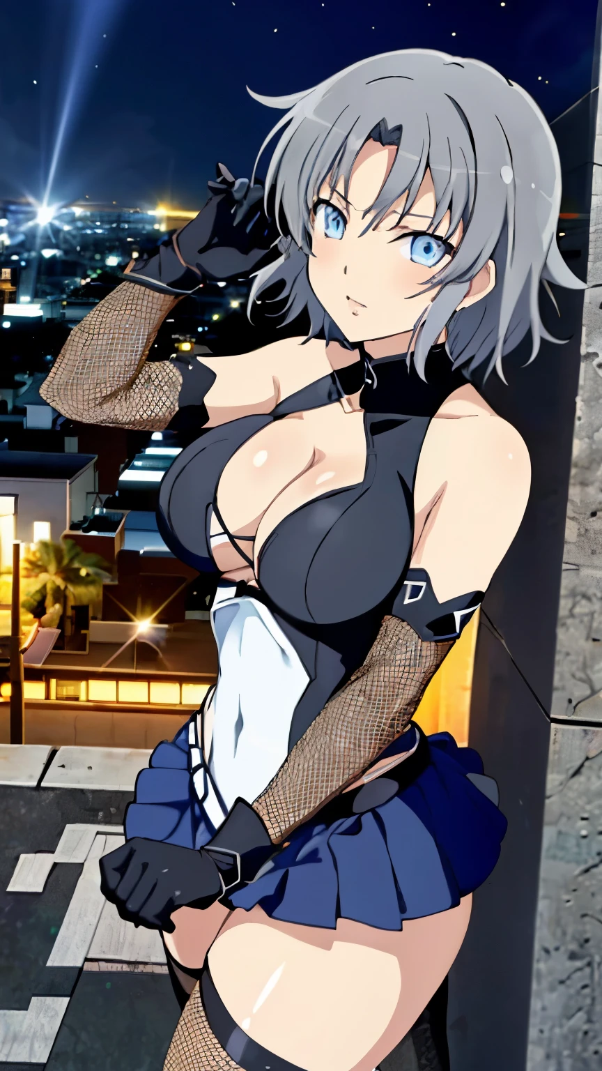 (masterpiece, best quality, high resolution, 8k:1.2), Anime coloring, yumi (senran kagura), 1girl, solo, , grey hair, short hair, blue eyes, Large medium breasts, definition CG unity, Perfect lit, bright_front_face_lit, Super detailed, 8K, nffsw, High resolution, (absurd:1.2), kodak portrait 400, film grain, Lens flare, (lively_color:1.2), looking at the viewer, (cowboy shot:1.2), dynamic angle, (taimanin suit, elbow gloves, fishnets, showgirl skirt, black thighhighs, boots, high heels, Night, city, rooftop),