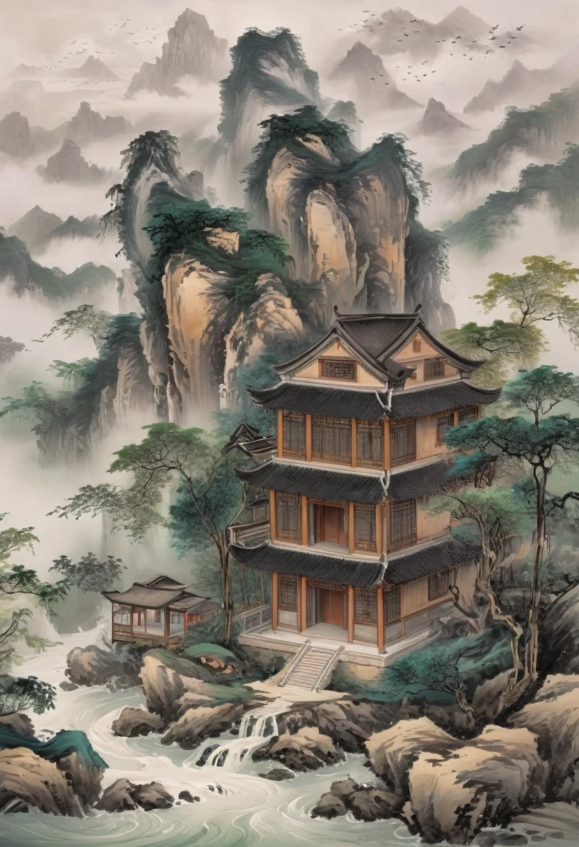 Majestic ancient temple buildings on high mountain cliffs in the vast and towering mountains of the fairyland forest(Close-up of exquisite wooden ancient temple architecture) Very beautiful Chinese scenery surrounded by thick fog, Ethereal Otherworldly Movie Scene Details Intricate Art Masterpiece Masterpiece Actual, Fresh and elegant aesthetic style, ink and wash paintings are very beautiful, perfect composition, intricate details, Super refined and beautiful quality work from the hands of a master