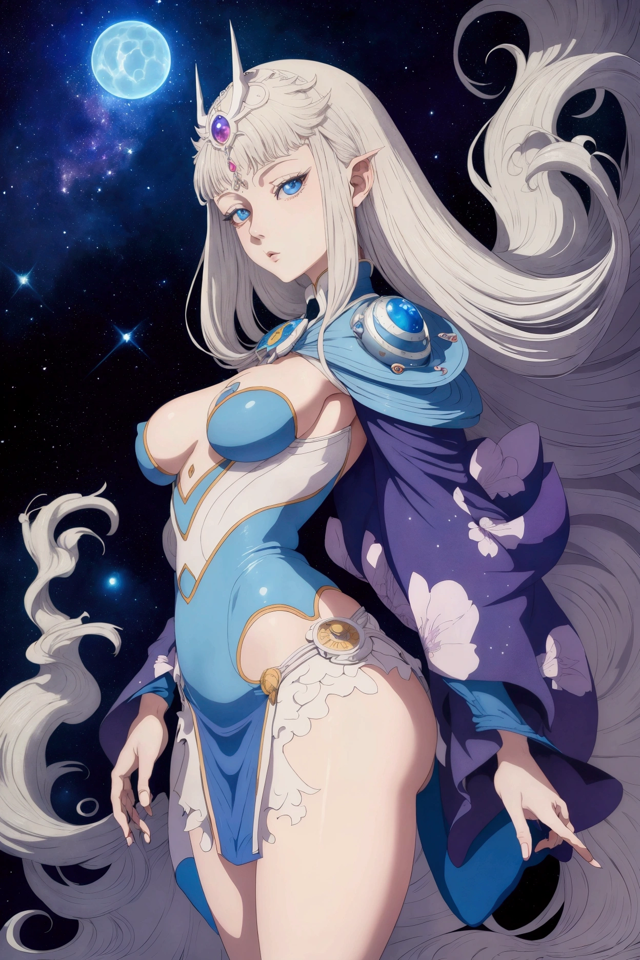 Silent magician, nude ,(( desnuda, abdomen grande, abdomen colgado, panza)), (vientre colgando), (usando solo sombrero y guantes blancos),  long hair, cabello blanco, Curvy body, very small breast, pezones claros,nude, duel monster, desnuda, pussy, piernas abiertas, standing, pose de combate, lista para pelear, en guardia,  Iparuputsua, magical world background, mundo medieval .