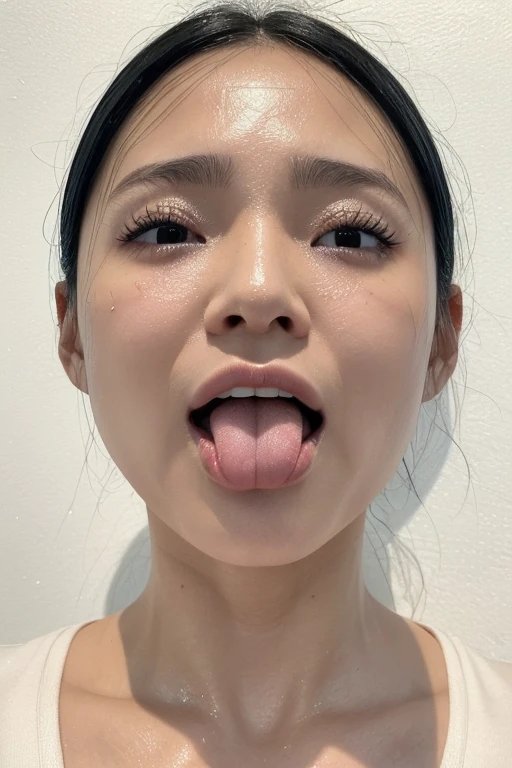 Japanese women、20-year-old、ponytail、(Face close-up)、Smooth Skin、masterpiece、Highest quality、8K Photo、((close your eyes and open your mouth slightly))、close your eyes、Suffering face、(Wrinkles around the eyes:1.2)、length, Pointed nose,,,,,,,,,,,,,,,Strong Nose、length, Narrow nostrils、Skin shiny with sweat、Lighting that highlights shiny sweat{Realistic nostrils}, Black-haired、((In front of a white wall))、(Super wet skin),((Ahegao,Sticking out a long tongue))(Close enough to kiss)、The tongue is moist、Photographed from the front、squint