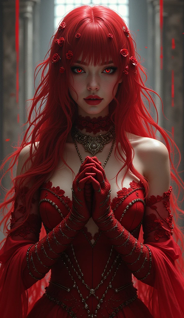 woman with long red hair and a red dress, with pale skin, stripping, dancing, pale skin and dark eyes, dressed in a beautiful red cloak, artgerm moody photography, amouranth, with long hair and piercing eyes, beautiful female vampire, beautiful sorceress, portrait of beautiful vampire, sultry expression, a beautiful sorceress, soft pale white skinpale skin, vampire, singing, fantasy art,epic portrait illustration, cinematic realistic , feeding at night , portrait, realistic digital art 4 k, realistic digital art 4k, cinematic digital painting, ultra realistic concept art, very detailed digital painting, 4k concept art and hyper realism, cyberpunk art ultrarealistic 8k, emotional concept art, vampire