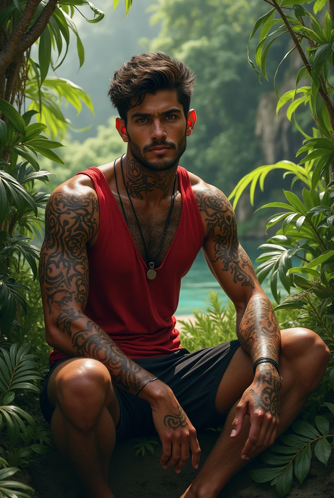 A Handsome Man. He have Broad-shouldered, athletic build. He have tousled jet black hair, lightly tanned skin tone, and Onyx black eyes, with reddish tint. He have tattoos all over his body, with well-groomed stubbles on his chin. He is shirtless, clad in black swim trunks. A silver chain necklace adorned his neck, currently standing by a lake with a calm face.