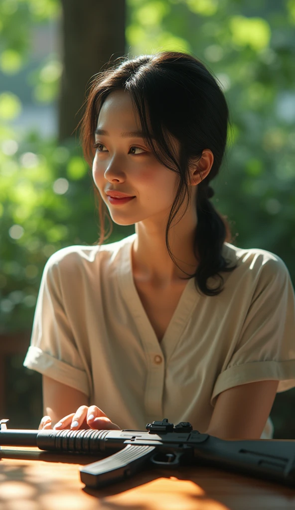 a young chinese women, only wearing t shirt, natural breast, cry while smile, furrowed eyebrow, closing eyes, face facing downward, captured from super low angel, open mouth, updo hairstyle