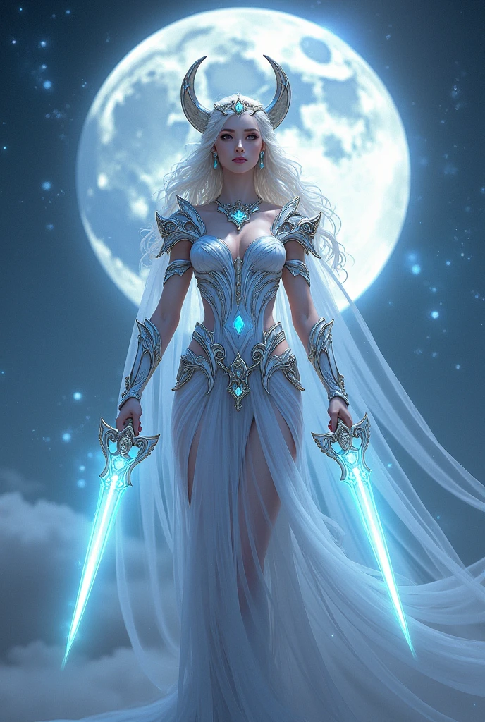 a woman in a silver dress standing in front of a moon, fantasy art style, glowing with silver light, ((a beautiful fantasy empress)), beautiful celestial mage, celestial goddess, goddess of the moon, moon goddess, beautiful and elegant elf queen, 8k high quality detailed art, ethereal beauty, lunar goddess, goddess of galaxies, detailed fantasy art, beautiful fantasy art