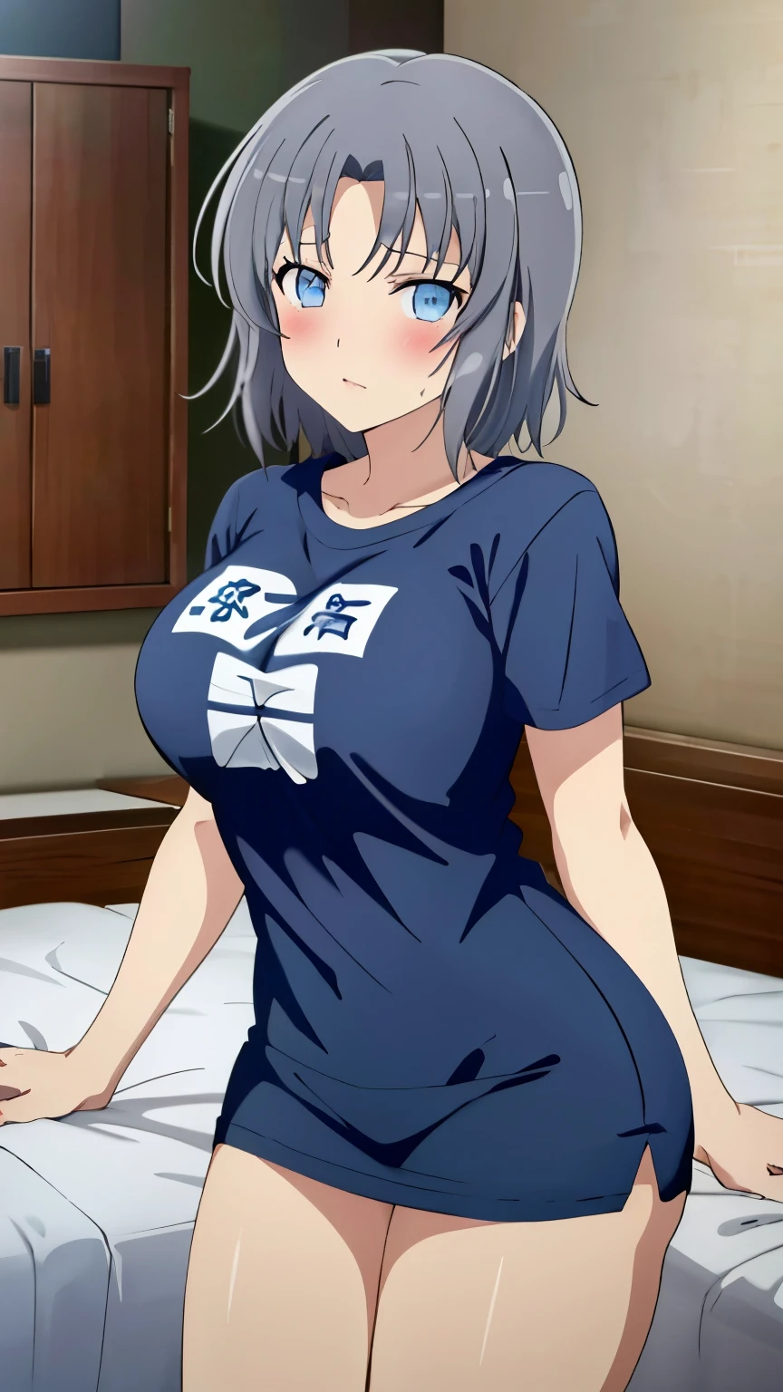 (masterpiece, best quality, high resolution, 8k:1.2), Anime coloring, yumi (senran kagura), 1girl, solo, , grey hair, short hair, blue eyes, Large medium breasts, definition CG unity, Perfect lit, bright_front_face_lit, Super detailed, 8K, nffsw, High resolution, (absurd:1.2), kodak portrait 400, film grain, Lens flare, (lively_color:1.2), looking at the viewer, (cowboy shot:1.2), dynamic angle, (Oversized T-shirt, room, bed, blush),