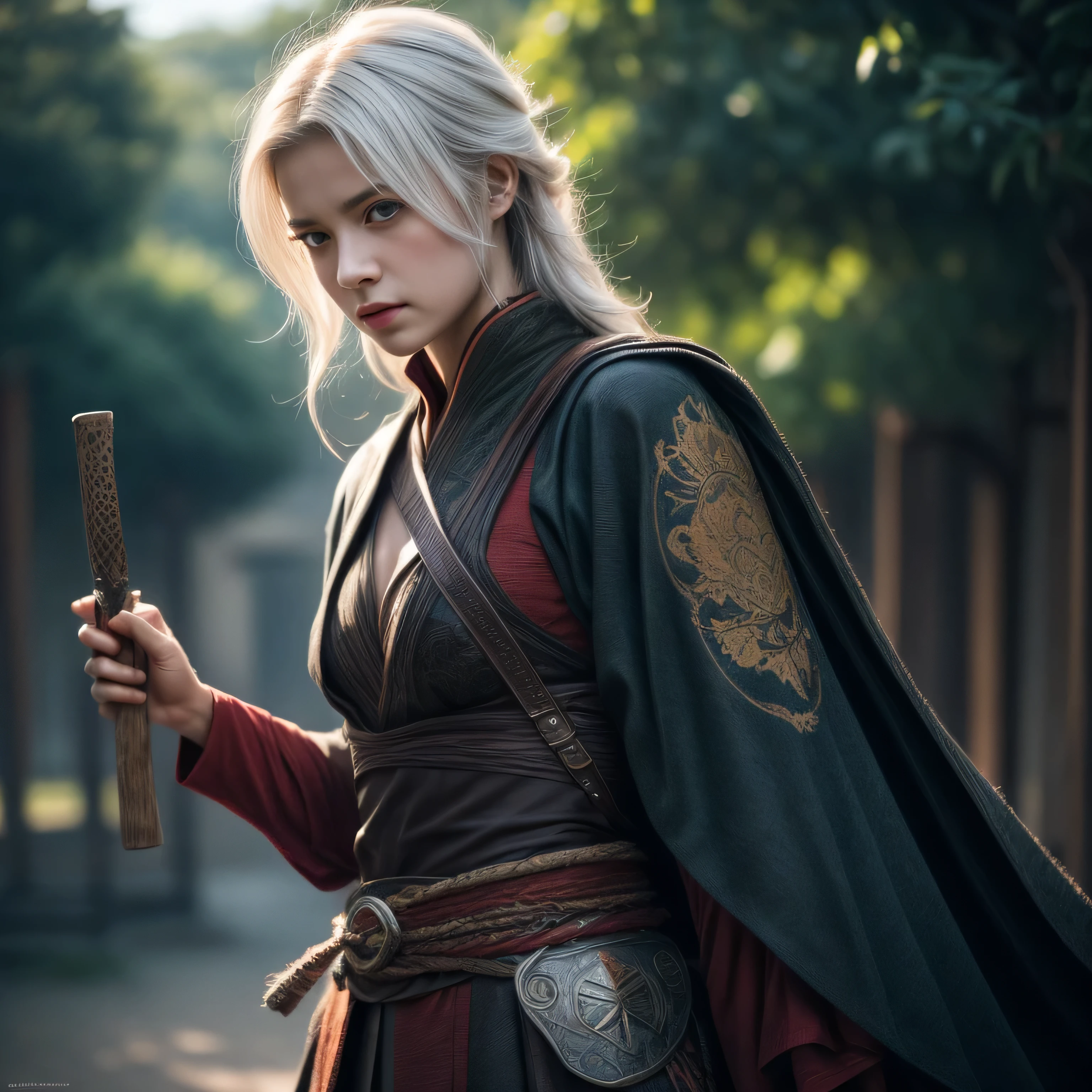 photorealistic, masterpiece, photorealistic, high resolution, soft light, butts up, blue eyes, white hair, long hair, Intricate details EABA, cloaks, short steel claws, Royal Shogun, Armor, warrior, leaves floated around