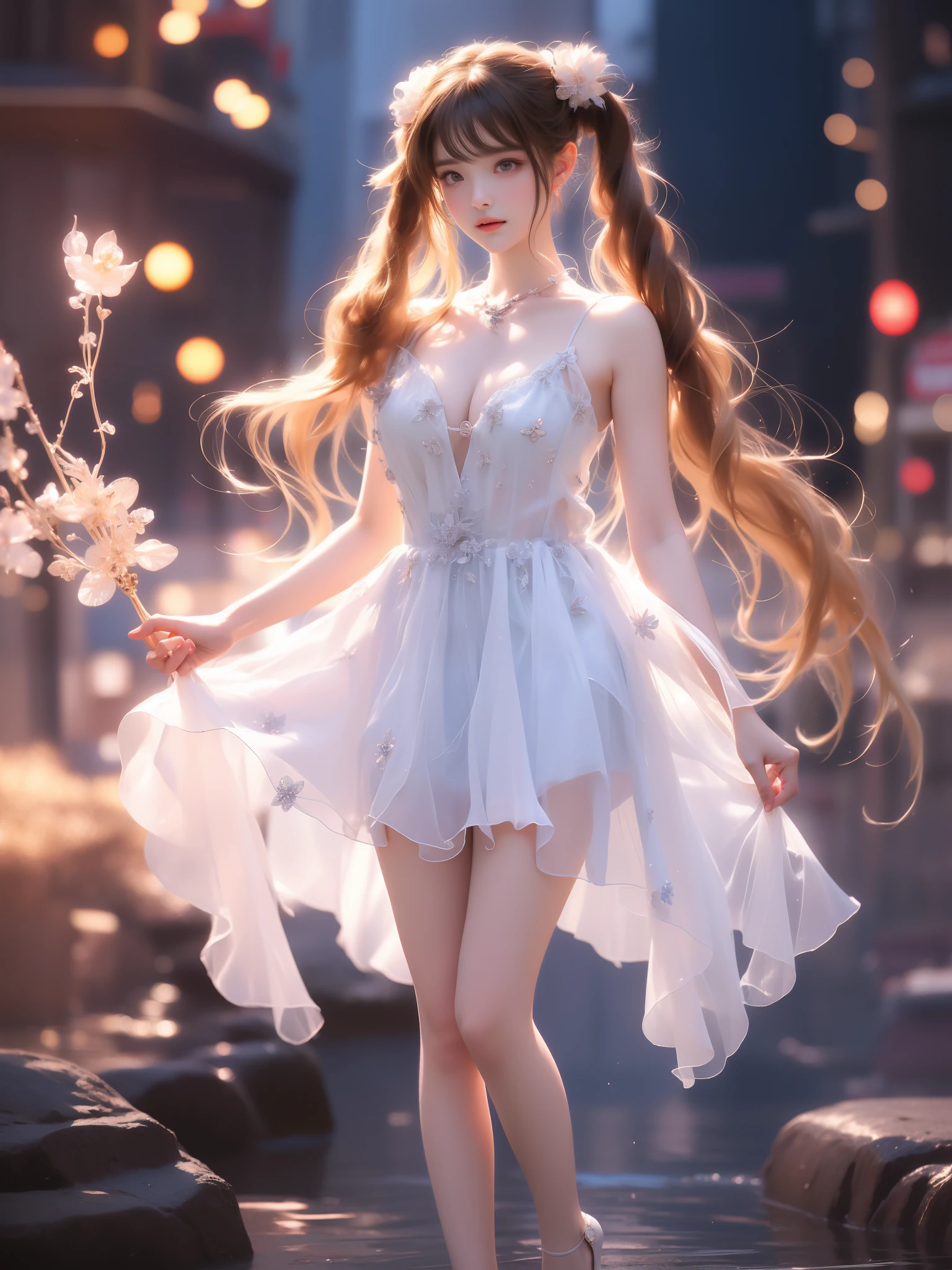 1girl,brown hair,twintails,holding straight staff,((女孩躺在water池里))、Glass texture、Light transmission,Spectrum Light, 渐变半Clear glass璃熔体, Caustics, Clear glass, night,moonlight,((water滴, water流, water,流动的water,water,流动的water滴,飞溅的water喷,飞溅的water滴,water滴落,The beating waves,)) She gently lifted her skirt with one hand,Make gentle and playful gestures,Beautiful and charming woman, Elegantly, Her plump breasts are fully exposed.,Visible cleavage,The skirt is very short,Natural Legs,Sexy long legs,Slender and lovely beauty, Eyes sparkling,Her skin is flawless。Her curves are highlighted。Shine in the light,The color is pastel,She lay confidently,One hand on hip,Her posture is elegant。She wore elegant high heels,It matches her skirt very well.。The atmosphere of the whole photo is peaceful and positive,Emphasis on natural beauty and elegance, Studio Lighting,Vibrant colors, Cute girl, sweet, Exquisite makeup,Shy,blush,open mouth,Heavy breathing,moan,超realism,realism,Movie Lighting,Comfort,Sony FE GM,Retina,masterpiece,precise,Anatomically correct,Textured Skin,Super Detail,High Detail,best quality,Colorful