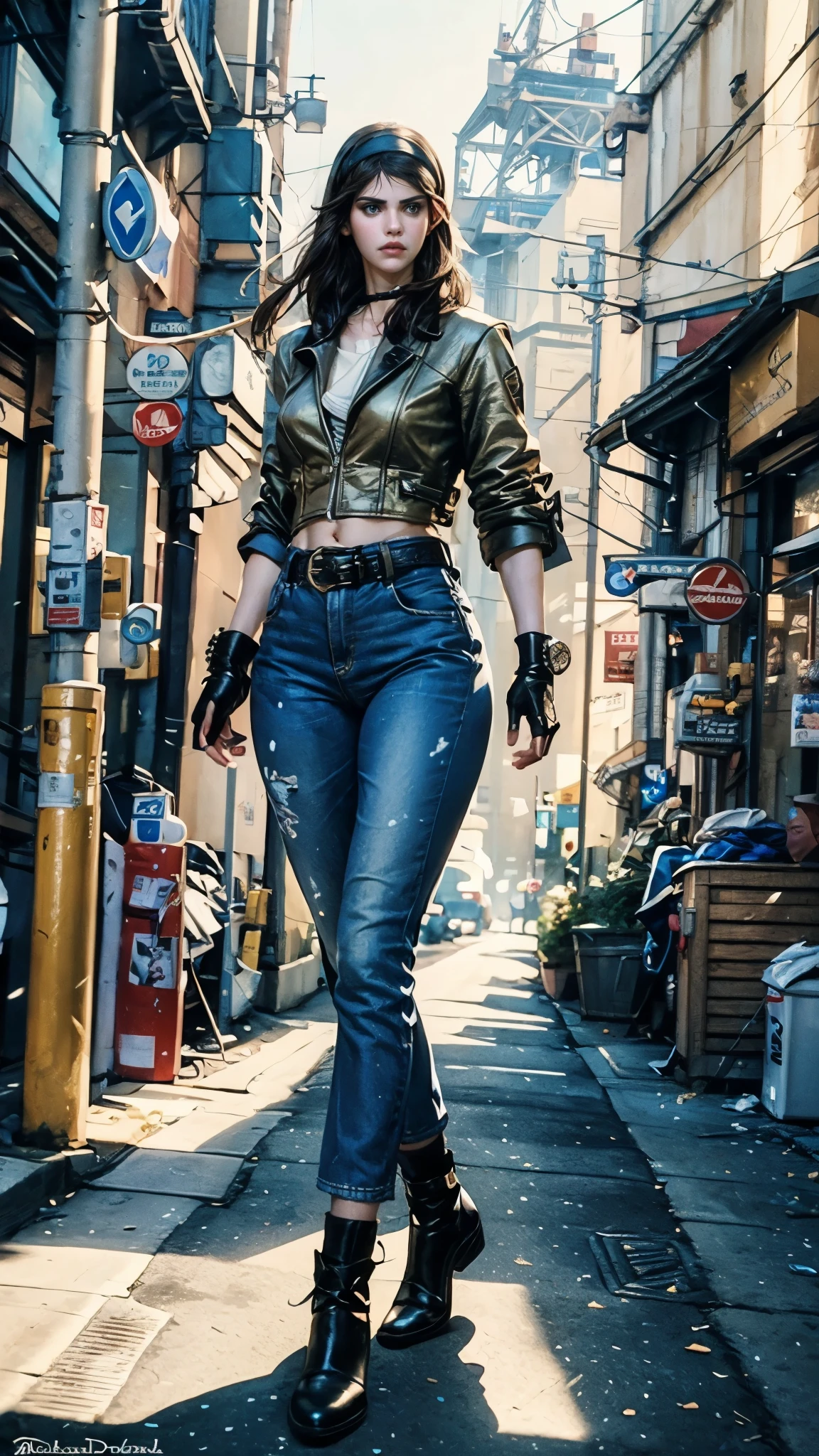 (masterpiece:1.2, best quality:1.2, extremely delicate:1.2), ((Alexandra Daddario:1.2)), a young women with short purple hair, side-parted bangs, wearing a headband, a determined gaze, a serious expression, a futuristic fantasy-style leather jacket featuring multiple ring designs, a belt with a large circular buckle, matching pants, leather fingerless gloves, green flames swirling around his hands, the background features a complex futuristic fantasy-style street, this character embodies a finely crafted futuristic fantasy-style street fighter in anime style, exquisite photography, Photo realism, photorealistic, perfect skin, dramatic, high definition, highres, ultra-detailed, ultra-fine painting, professional, perfect body proportions, golden ratio, anatomically correct, symmetrical face, extremely detailed eyes and face, high quality eyes, creativity, RAW photo, UHD, 32k, Natural light, cinematic lighting, (masterpiece-anatomy-perfect:1.2)