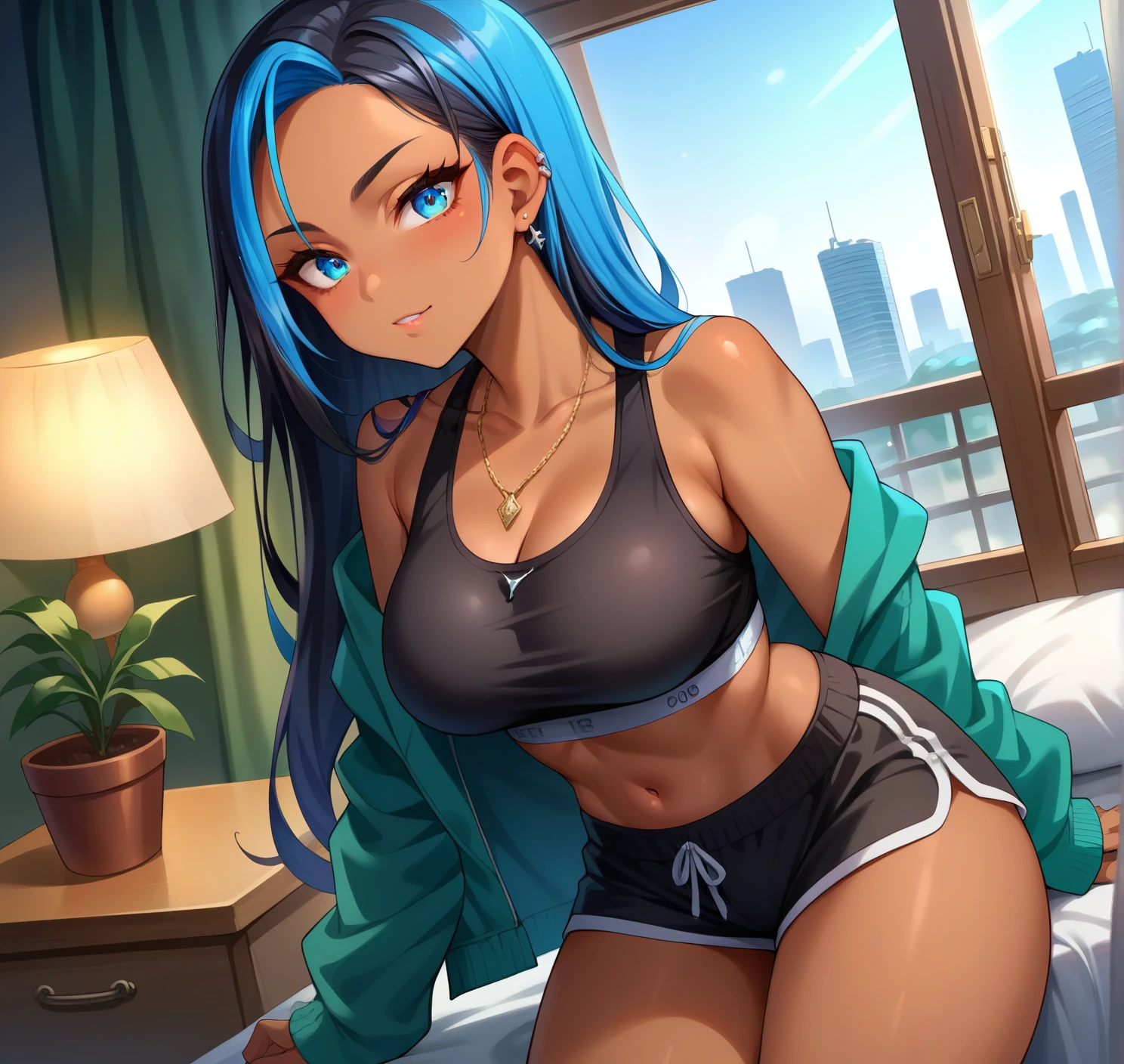 score_9, score_8_up,score_7_up, source_anime, 1girl, solo, EPpkNessa, blue eyes, black hair, blue hair, streaked hair, shoet hair,middle part, tan skin, tan-skinned female, necklace, ear piercing, black sports bra,shorts,bedroom, at a dark room, at night , city view from the window, gyaru,