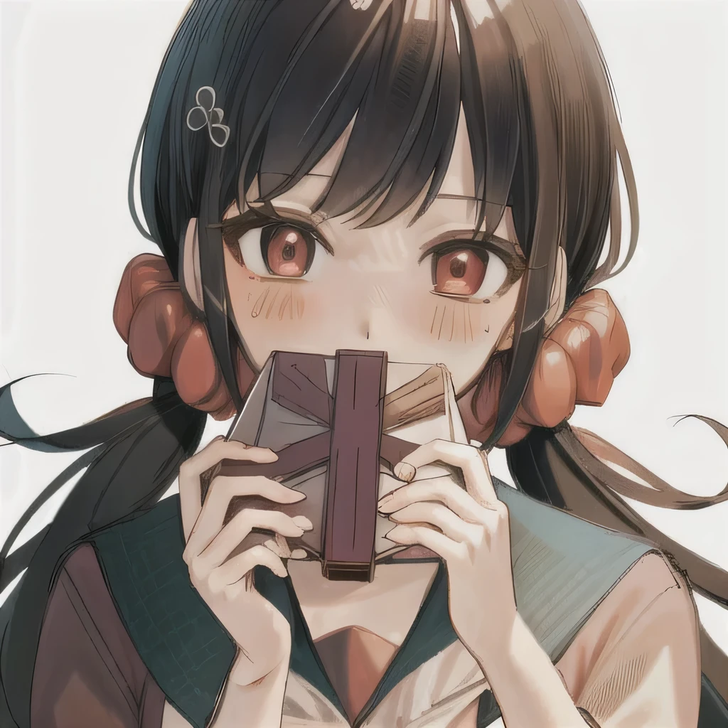 Bisexual Futa Maki Harukawa, eating chocolate bag, solo, bangs, white background, upper body, looking at viewer with shy blushing smile. Eating chocolate bag! 