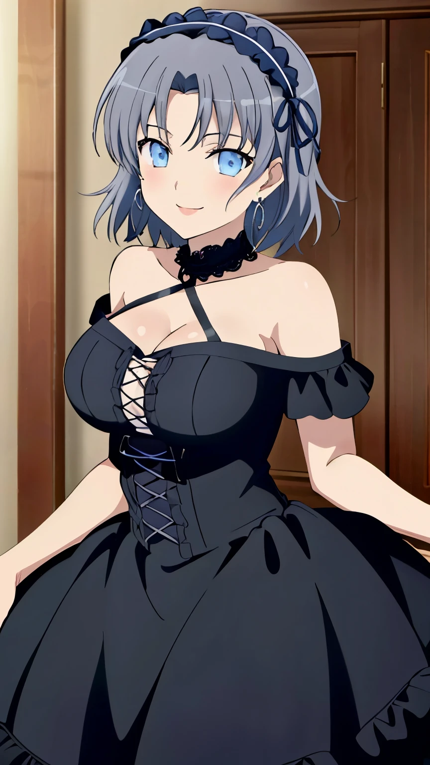 (masterpiece, best quality, high resolution, 8k:1.2), Anime coloring, yumi (senran kagura), 1girl, solo, , grey hair, short hair, blue eyes, Large medium breasts, definition CG unity, Perfect lit, bright_front_face_lit, Super detailed, 8K, nffsw, High resolution, (absurd:1.2), kodak portrait 400, film grain, Lens flare, (lively_color:1.2), looking at the viewer, (cowboy shot:1.2), dynamic angle, (Gothic Lolita Fashion, Black Dresses, Headbands, Earrings, room, smile),