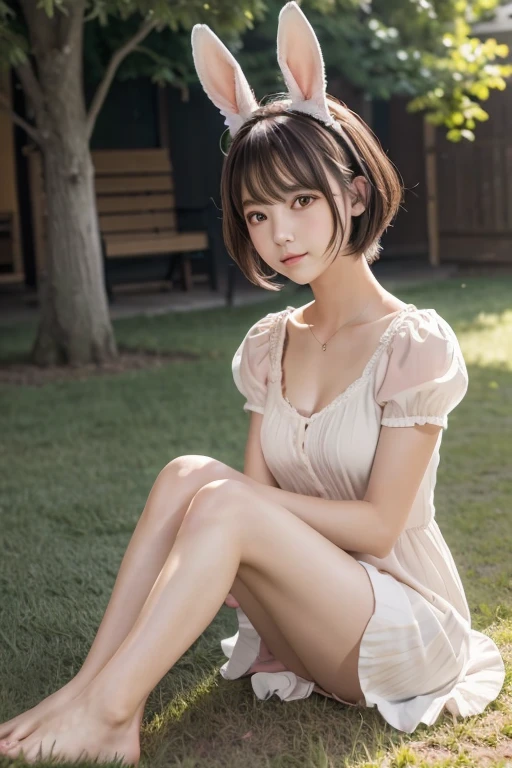 ((masterpiece, Highest quality)),One girl, alone, animal ears, Rabbit, barefoot, skirt, Sitting, Rabbit ears, Short sleeve, (teasing, shy, blush: 1.3), Looking at the audience, Grass, short hair, Gray Hair, Puff sleeves, Outdoor, fluffy Short sleeve, bangs, On the ground, whole body, animal, White Dress, sunlight, Brown eyes, mottled sunlight, Daytime,