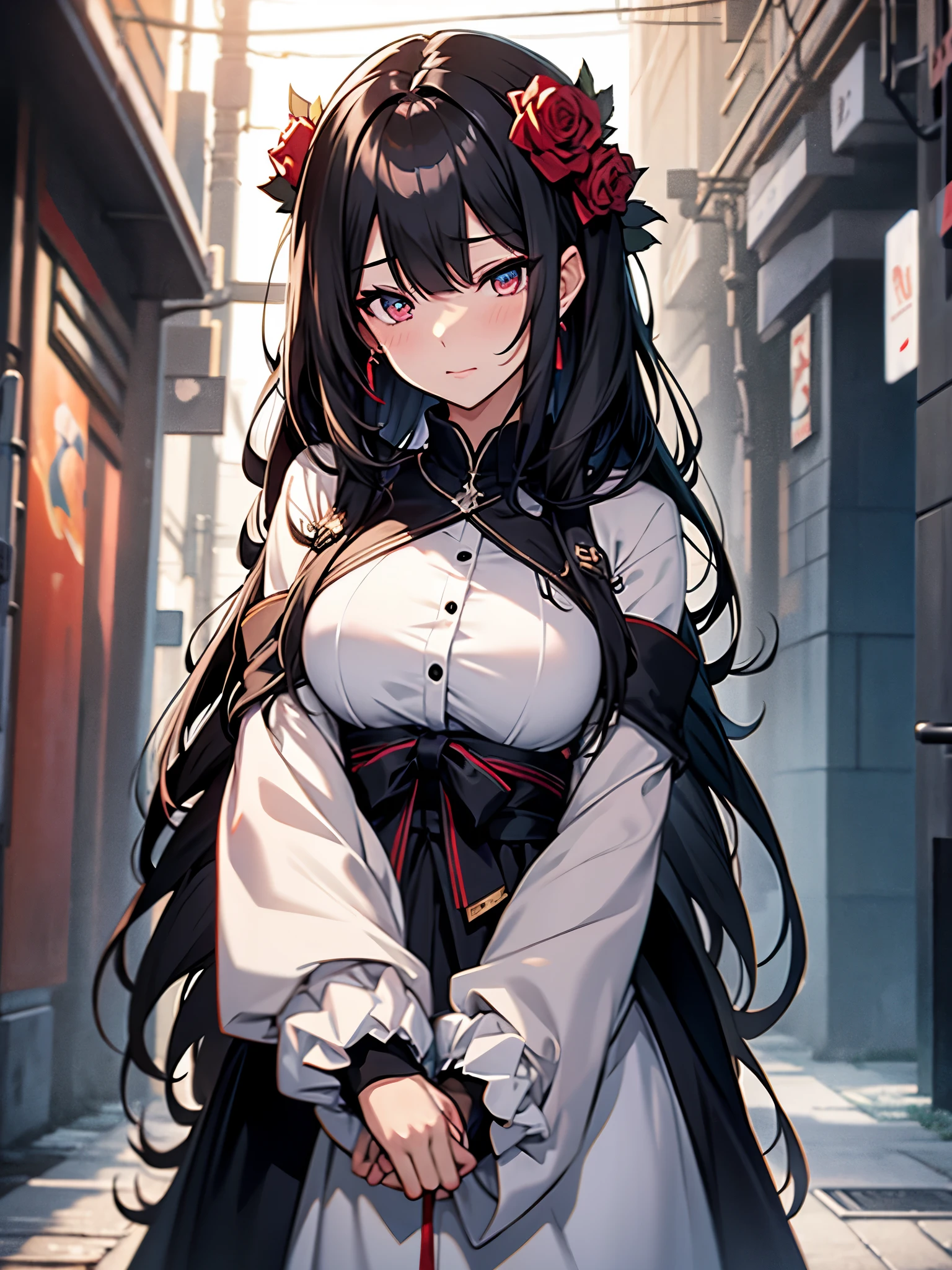 anime girl with long black hair and a white dress with red roses, tattoo, detailed beautiful eyes, guweiz, guweiz on pixiv artstation, detailed digital anime art, beautiful anime girl, guweiz on artstation pixiv, anime style 4 k, kawacy, beautiful anime portrait, detailed portrait of anime girl, detailed anime art, beautiful anime woman