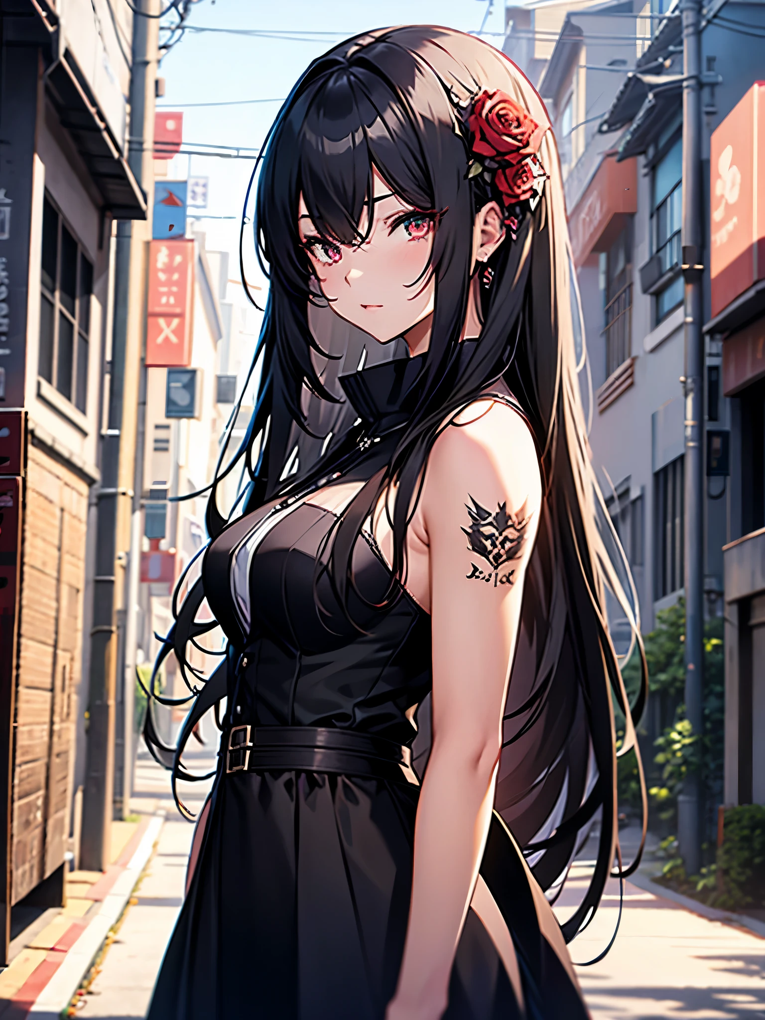 anime girl with long black hair and a white dress with red roses, tattoo, detailed beautiful eyes, guweiz, guweiz on pixiv artstation, detailed digital anime art, beautiful anime girl, guweiz on artstation pixiv, anime style 4 k, kawacy, beautiful anime portrait, detailed portrait of anime girl, detailed anime art, beautiful anime woman