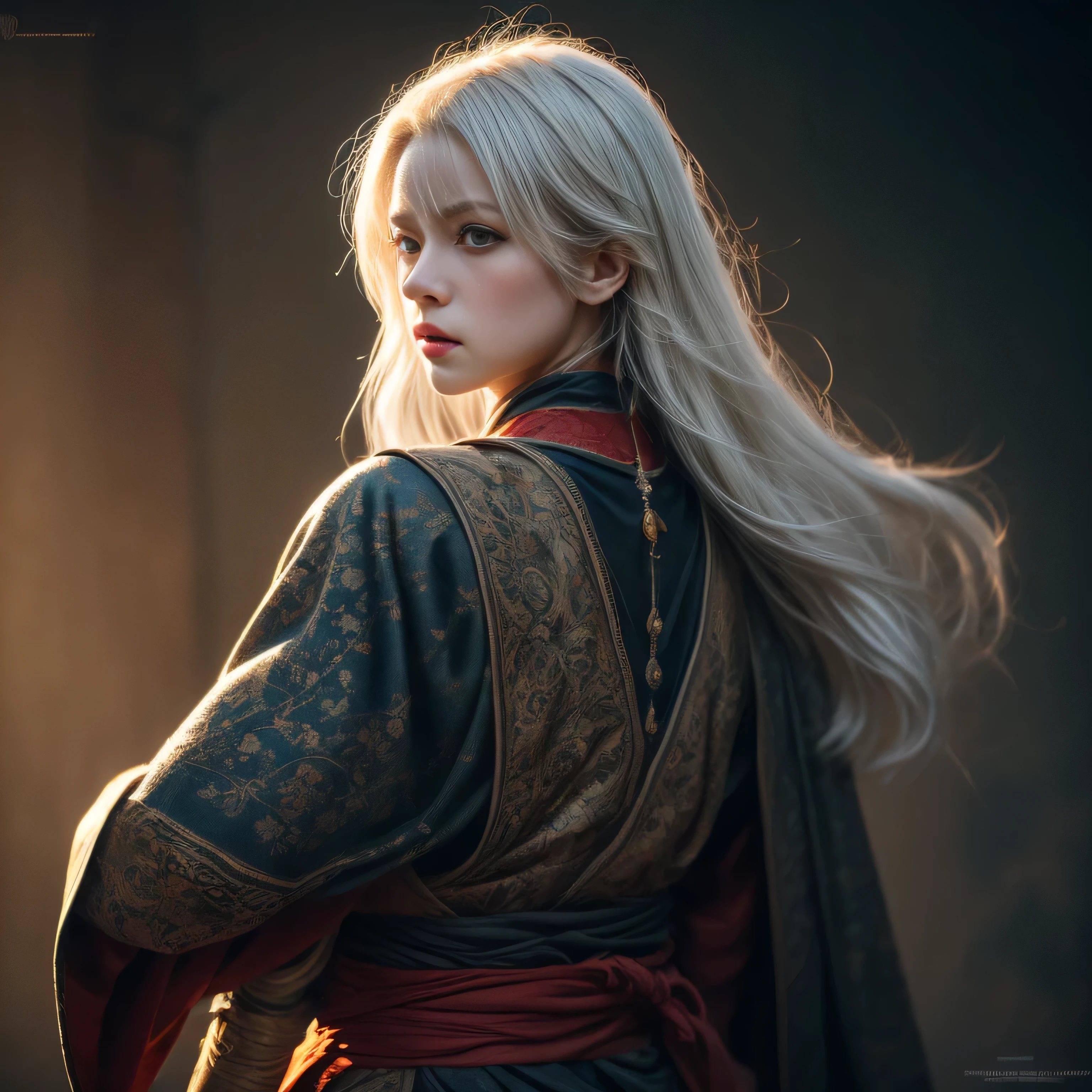 photorealistic, masterpiece, photorealistic, high resolution, soft light, butts up, blue eyes, white hair, long hair, Intricate details EABA, cloaks, short steel claws, Royal Shogun, Armor, warrior, leaves floated around