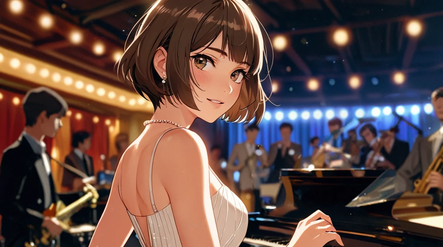 Beautiful woman singing in an Irish pub、She is leaning against a grand piano and singing in a sexy dress.、Short hair、A Ghibli-like touch、chiaroscuro lighting, dramatic lighting, warm color palette, high quality, 8k, photorealistic, masterpiece, cinematic, dramatic、smile、Singing at an audience
