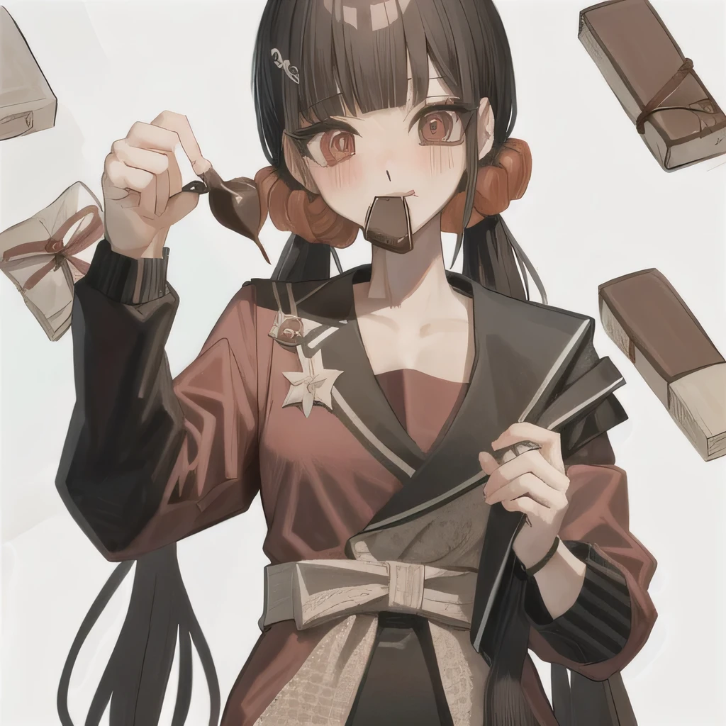 Bisexual Futa Maki Harukawa, eating chocolate bag, solo, bangs, white background, upper body, looking at viewer with shy blushing smile. Eating chocolate bag! 