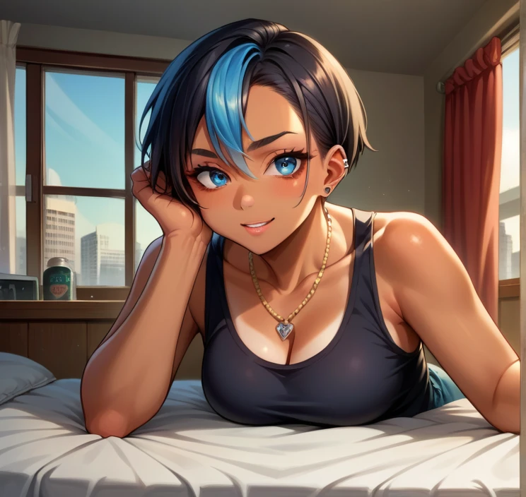 masterpiece, best quality, looking at viewer, upper body, portrait, looking at viewer, seductive smile, put your hands behind your head, armpits, armpits visible, sweaty armpits, himeno, very large breasts, black hair, blue eyes, eyepatch, wearing tanktop, no bra, sleeping on bed