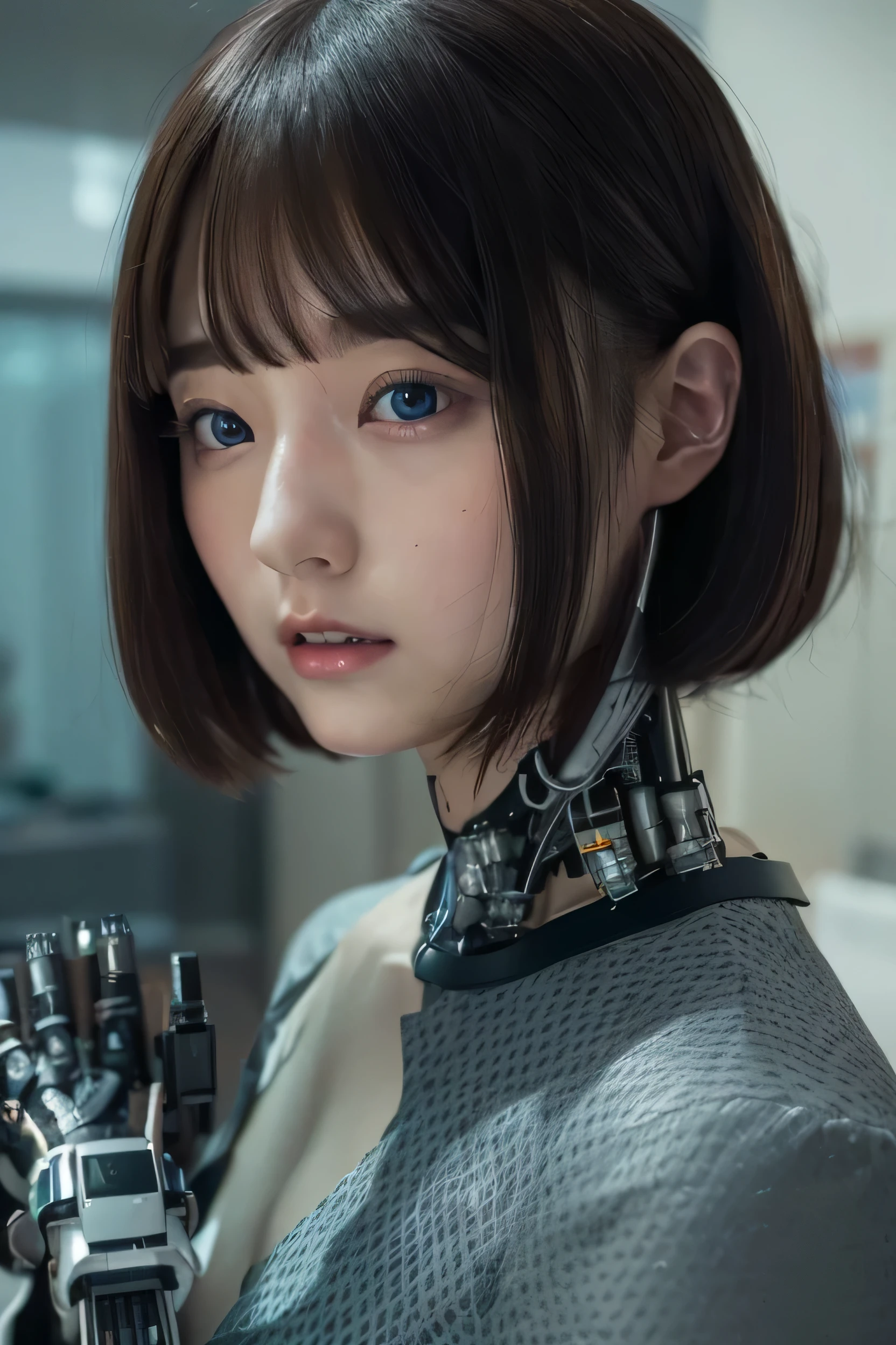 masterpiece, Best Quality, Extremely detailed, 8K portrait,Japaese android girl,Plump , control panels,Robot arms and legs, Blunt bangs,perfect robot girl,a bit chubby,white gloves,chest monitor,blue eyes,Charging spot,She is exhibits,exibition hall,promo girl,office-lady