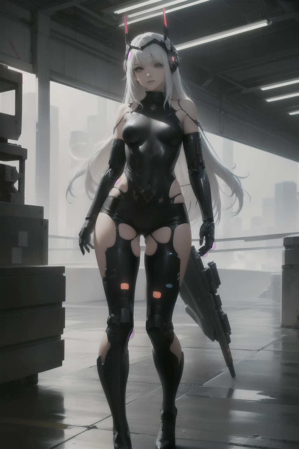 white long hair with bangs , frinje , intricate sci-fi headgear, futuristic mechanical suit with detailed armor , sexy body , cybernetic accessories, standing straight, medium breasts , micro shorts , robotic  boots , Sexy , front. 