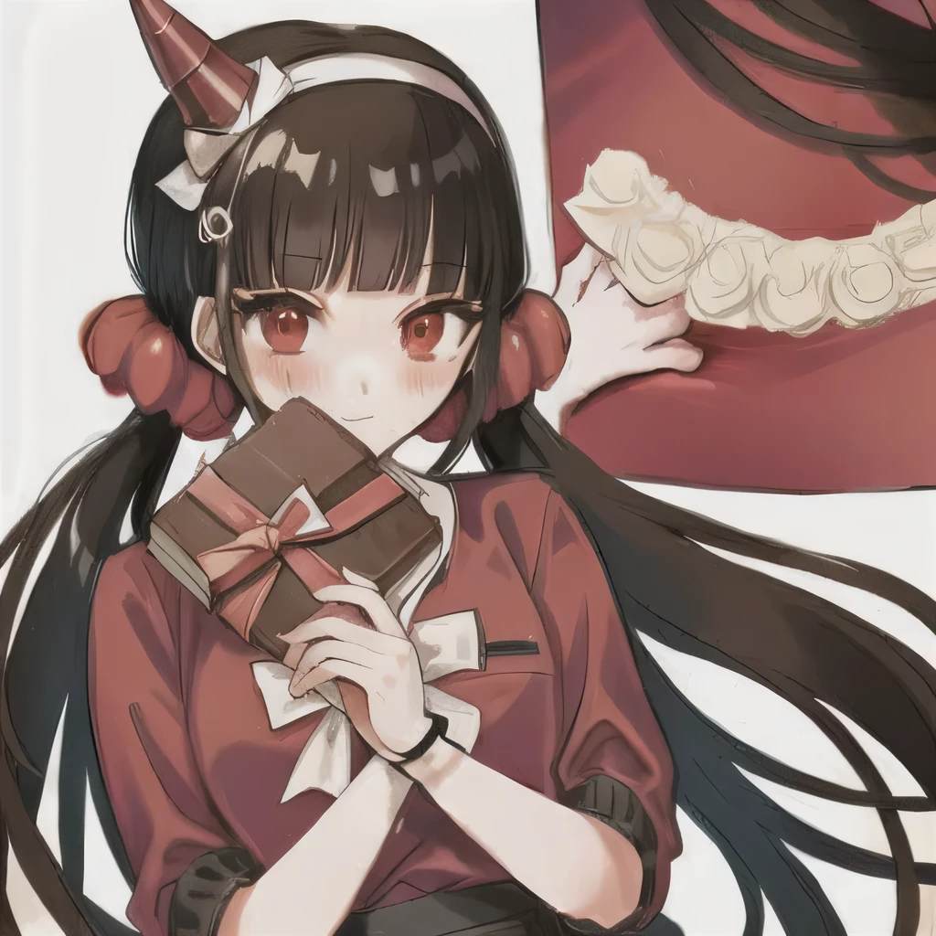 Bisexual Futa Maki Harukawa, Holding Birthday Cake, Wearing Red Birthday Hat, solo, bangs, white background, upper body, looking at viewer with shy blushing smile. Holding Birthday cake and wearing red birthday hat because is her Birthday! 