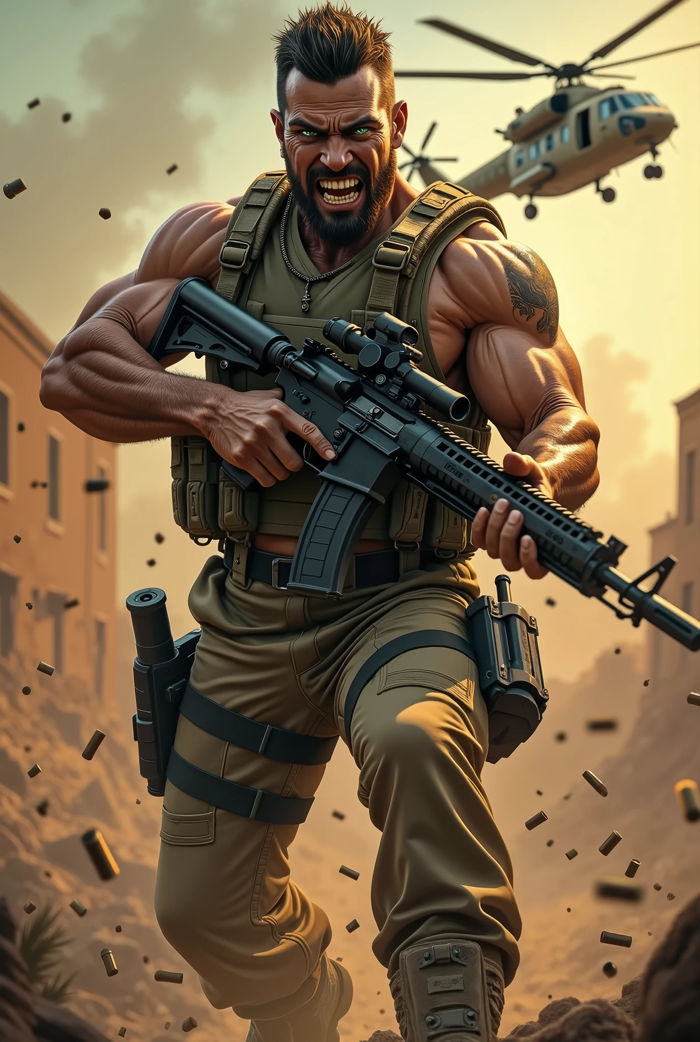 Arafed man with a gun and a helicopter in the background - SeaArt AI