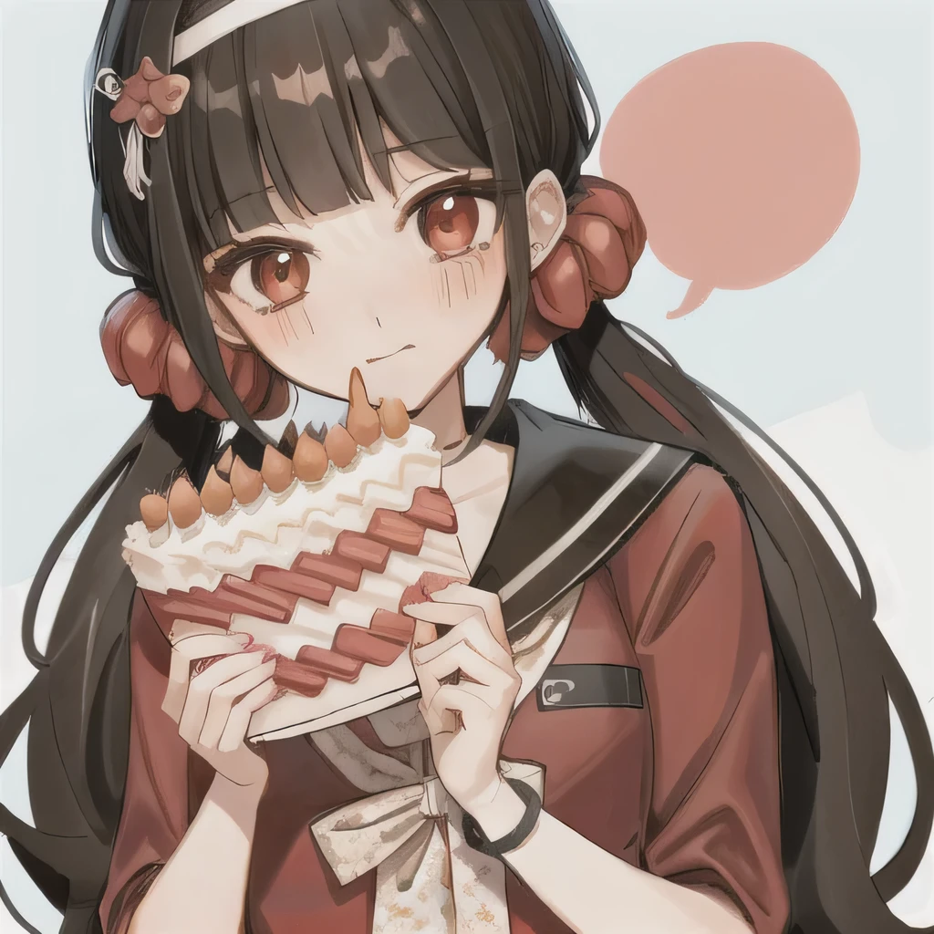 Bisexual Futa Maki Harukawa, Holding Birthday Cake, Wearing Red Birthday Hat, solo, bangs, white background, upper body, looking at viewer with shy blushing smile. Holding Birthday cake and wearing red birthday hat because is her Birthday! 