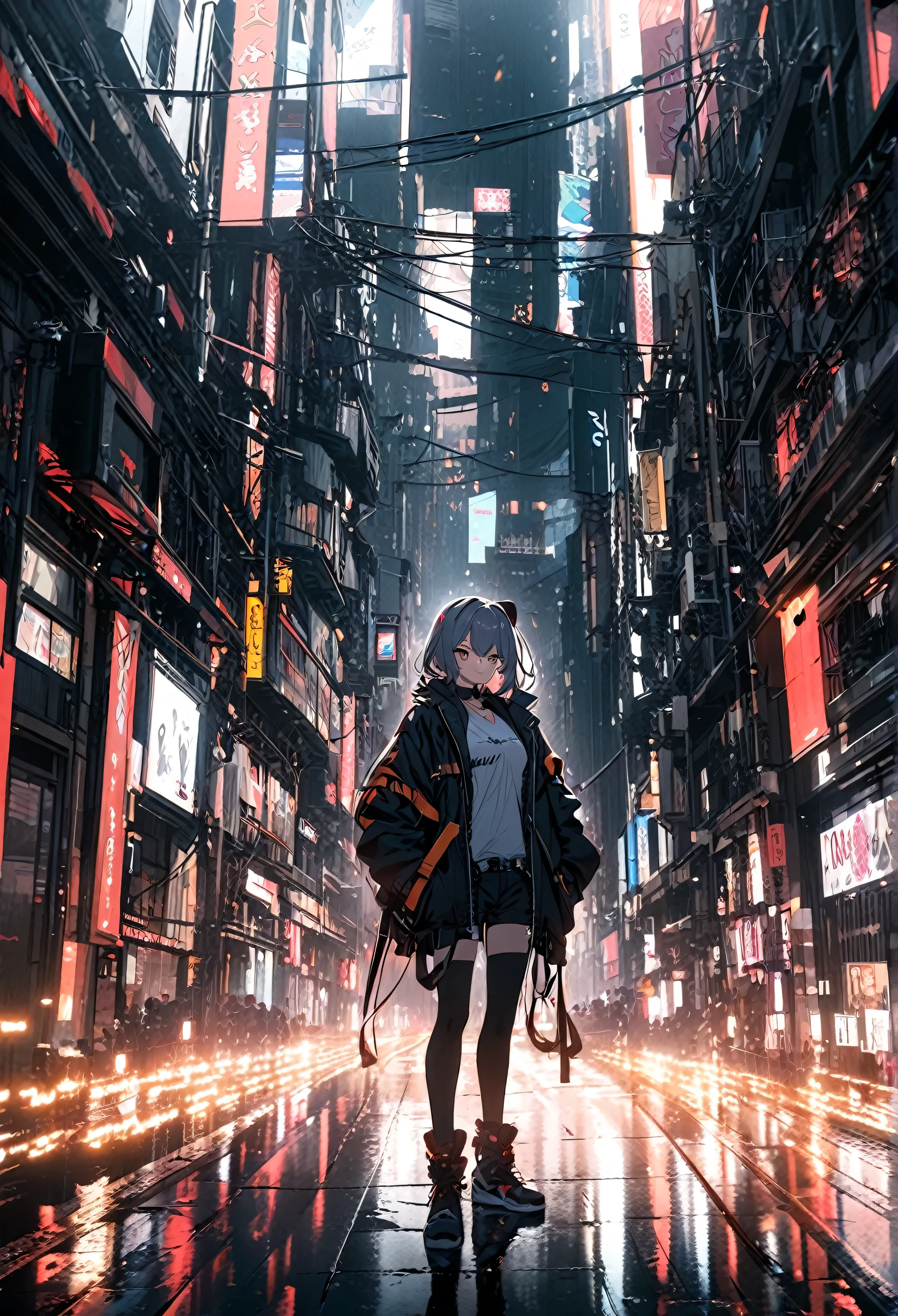A woman walking down a city street at night with a backpack - SeaArt AI