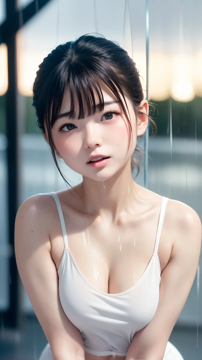 (hyper-realistic), (illustration), (high resolution), (8K), (extremely detailed), (best illustration), (beautiful detailed eyes), (best quality), (ultra-detailed), (masterpiece), (wallpaper), (detailed face), solo 1 girl, black hair, short hair, towel, sauna, wet, water, wet clothes, bath, hot springs