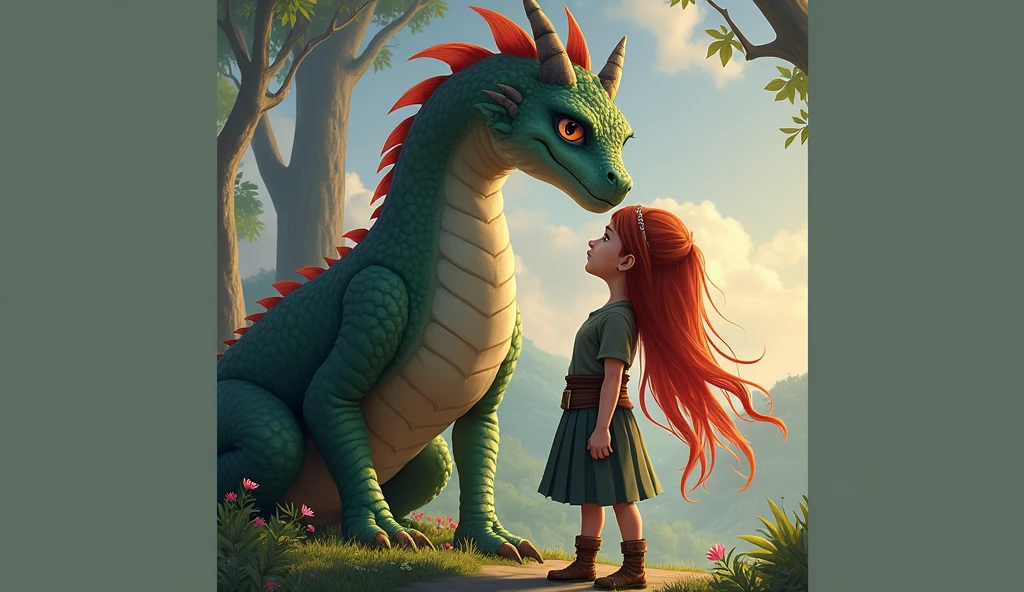 Two boys in an open field where there are many flowers and very beautiful trees, he is lying on the legs of the girl who has very red hair like fire while she is sitting with her back resting on a black dragon