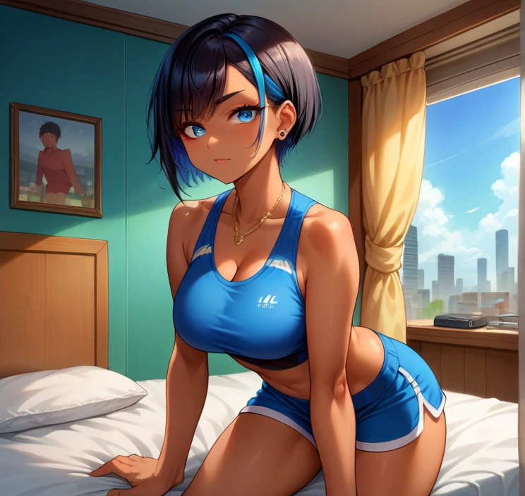 score_9, score_8_up,score_7_up, source_anime, 1girl, solo, EPpkNessa, blue eyes, black hair, blue hair, streaked hair, short hair,middle part, tan skin, tan-skinned female, necklace, ear piercing, sports bra,shorts,bedroom, at a dark room, at night , city view from the window, gyaru,