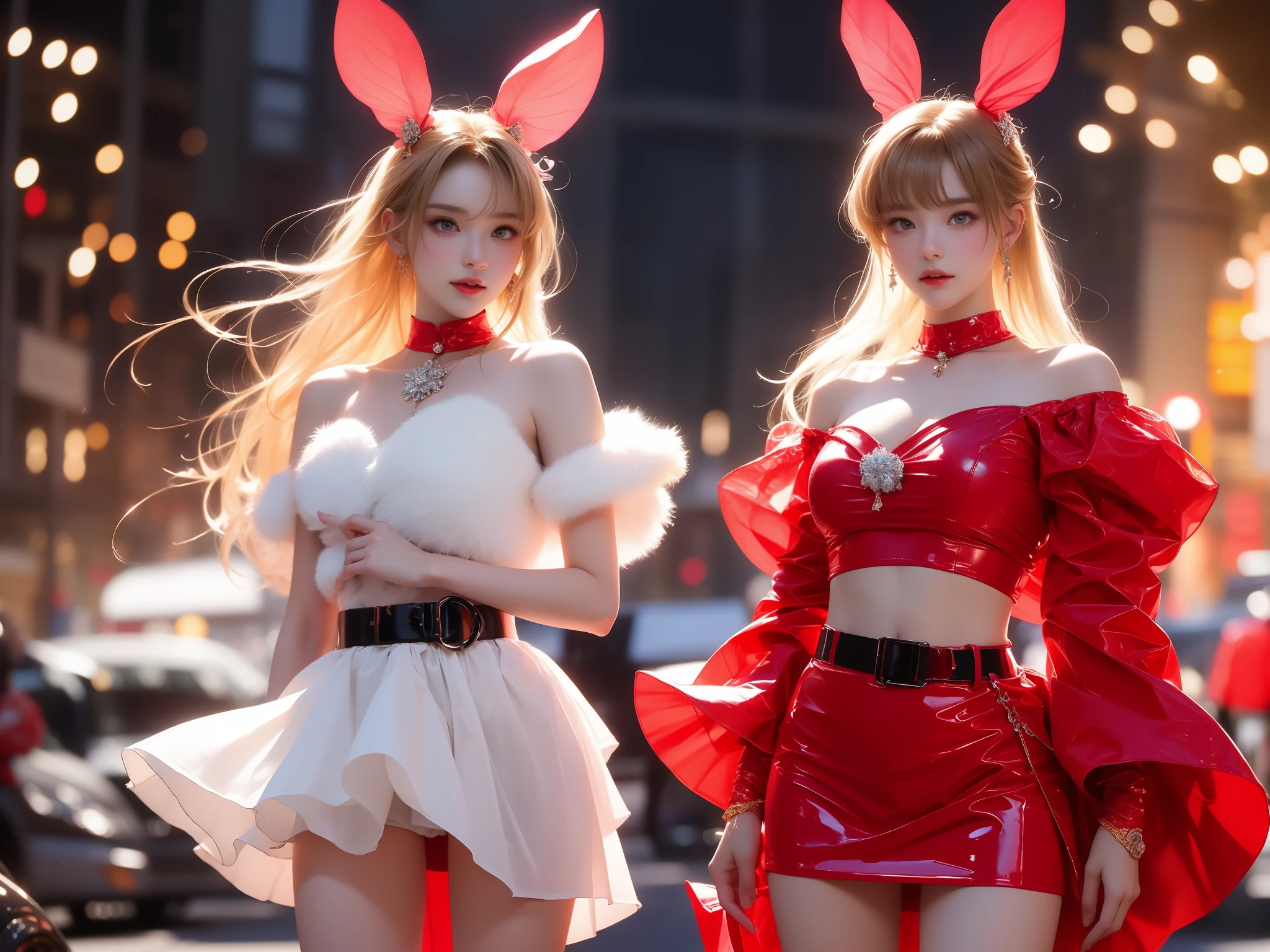 rebellion, bare shoulders, belt, crop top, red pencil skirt, miniskirt,christmas_dress,Fur trim, red fingerless gloves, midriff, Santa costume, rabbit tail, rabbit ears, fake animal ears,（(女孩躺在water池里))、Glass texture、Light transmission，Spectrum Light， 渐变半Clear glass璃熔体, Caustics, Clear glass, night，moonlight，((water滴, water流, water，流动的water，water，流动的water滴，飞溅的water喷，飞溅的water滴，water滴落，The beating waves，)) She gently lifted her skirt with one hand，Make gentle and playful gestures，Beautiful and charming woman, Elegantly, Her plump breasts are fully exposed.，Visible cleavage，The skirt is very short，Natural Legs，Sexy long legs，Slender and lovely beauty, Eyes sparkling，Her skin is flawless。Her curves are highlighted。Shine in the light，The color is pastel，She lay confidently，One hand on hip，Her posture is elegant。She wore elegant high heels，It matches her skirt very well.。The atmosphere of the whole photo is peaceful and positive，Emphasis on natural beauty and elegance, Studio Lighting,Vibrant colors, Cute girl, sweet, Exquisite makeup，Shy，blush，open mouth，Heavy breathing，moan，超realism，realism，Movie Lighting，Comfort，Sony FE GM，Retina，masterpiece，precise，Anatomically correct，Textured Skin，Super Detail，High Detail，best quality，Colorful