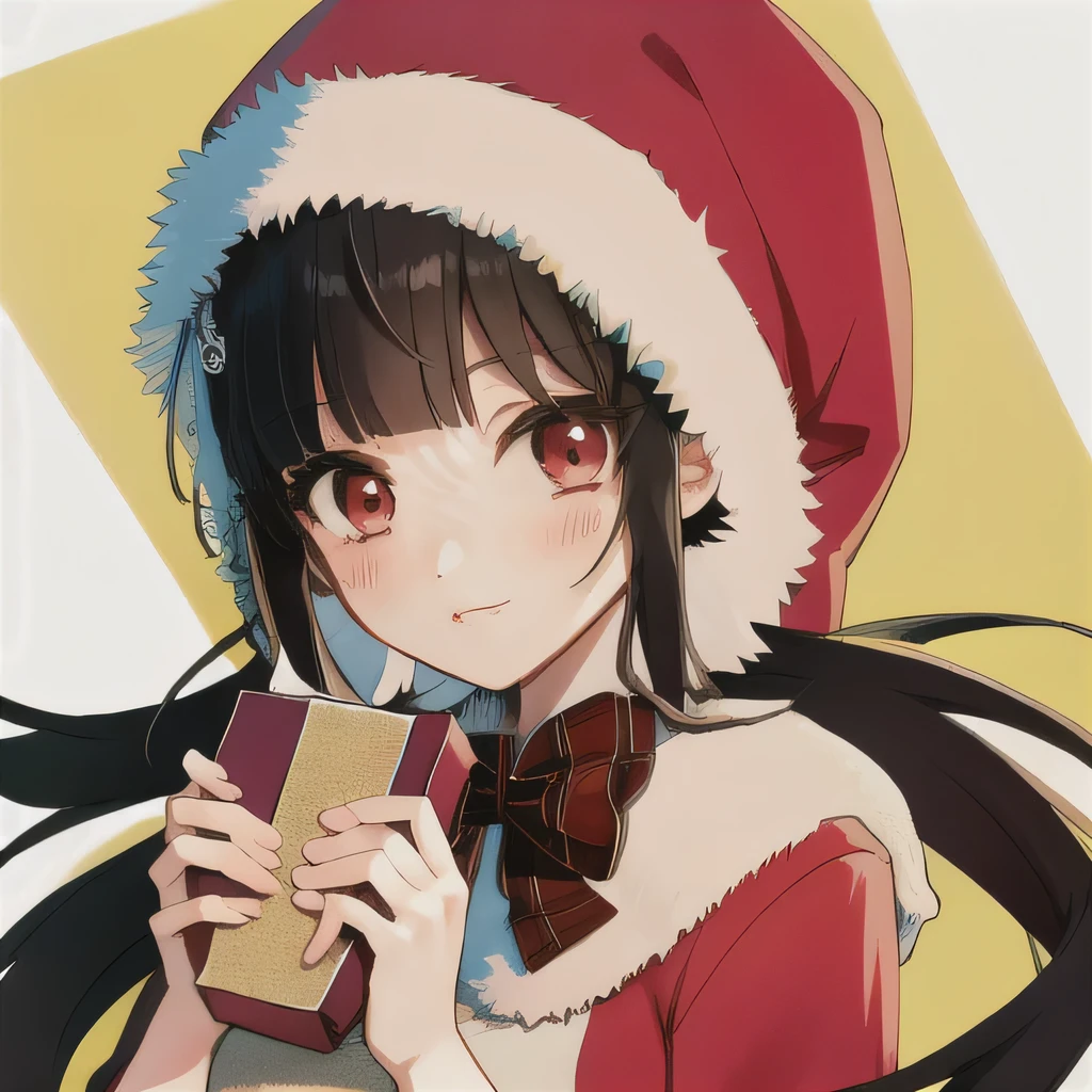 Bisexual Futa Maki Harukawa, Holding present, Wearing senta hat, solo, bangs, white background, upper body, looking at viewer with shy blushing smile. Holding present and wearing senta hat because is christmas! 