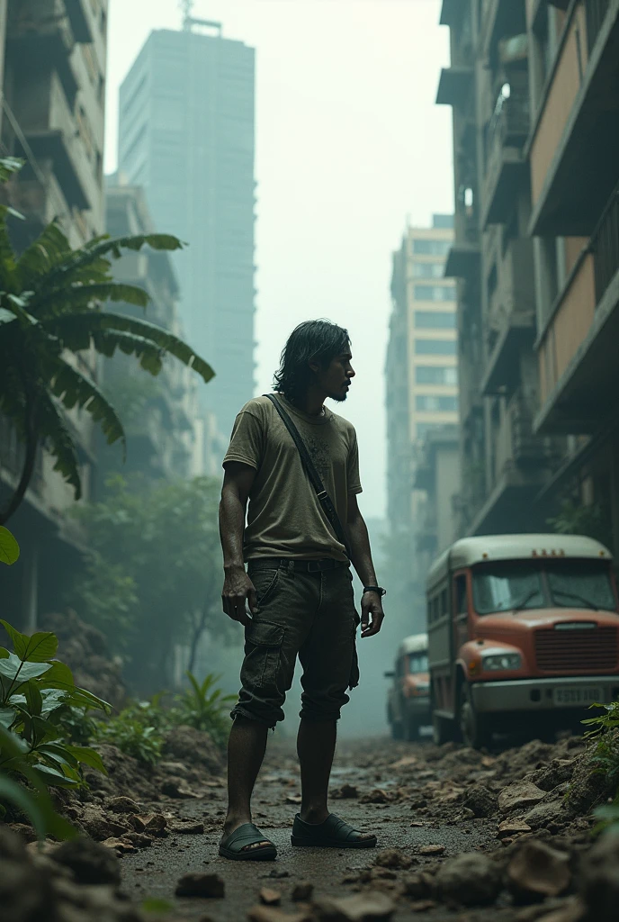 Create realistic images a Thai man stand to the side and turn their heads to look forward. On the back, he carries a camouflage backpack. Both hands gripped the hilt of the sword. Clothes were stained and partially torn. Standing in the middle of a road full of overturned car wreckage. The background is an abandoned building. Thai style building and there is a large yellow Buddha statue. zombie apocalypse in Thailand.
