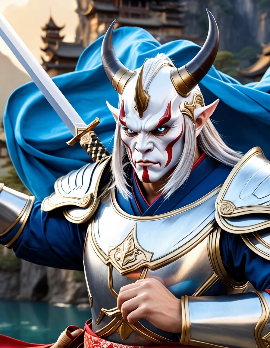 (A white Oni with blue smoke, holding up his sword in the air, wearing silver armor and kimono. Detailed illustration with a dynamic background in the style of fantasy art. A digital painting concept design showing a close up shot with ultra high resolution and high detail in sharp focus. An intricate studio photo shoot with highly detailed sharp focus and high quality:1.2), hkwarrior, mythp0rt, ImgFixerPre0.3