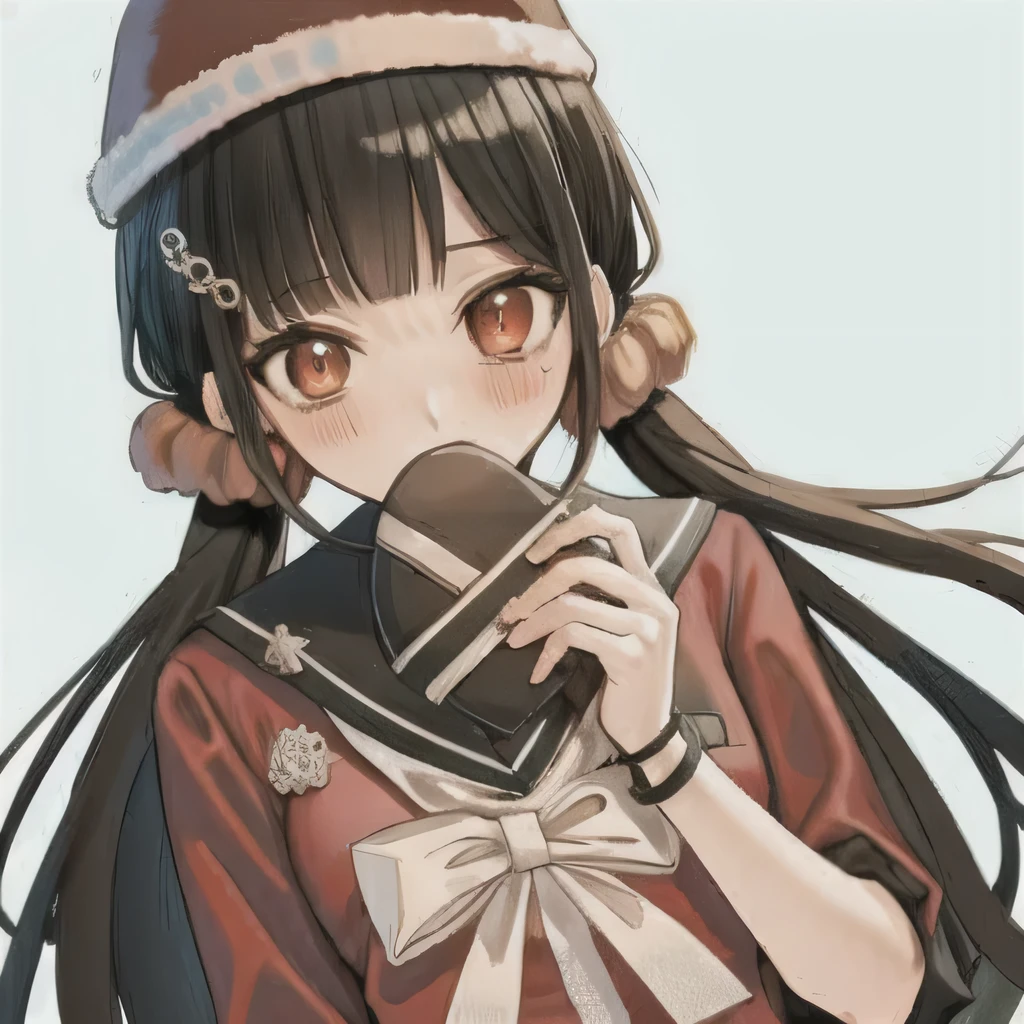 Bisexual Futa Maki Harukawa, Holding present, Wearing senta hat, solo, bangs, white background, upper body, looking at viewer with shy blushing smile. Holding present and wearing senta hat because is christmas! 