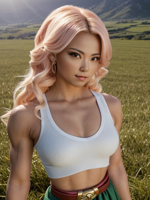 a beautiful young Thai woman with white hair and a bodybuilder physique, muscular, thick, large breasts, wearing a white top, full body including legs, smiling, happy, cinematic medium close up portrait, Key light, backlight, natural lighting, photography 400 ISO film grain 30mm lens RAW aperture f1.8, art photographer, movie still poster from Lord of the Rings, medium intricate print, choker
