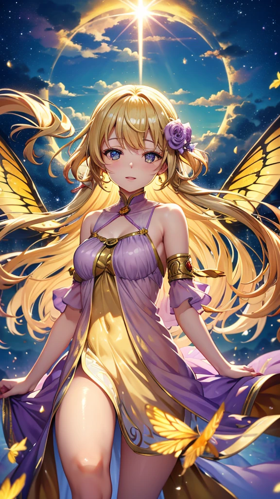 Popette's eyes gain a yellow streak and she wears soft pink lipstick and blue eye-shadow. Her thick blonde hair is worn in several, large curls with her bangs swept to the right and the remainder tucked back. She has random sections dyes pink and pink and wears a hot pink ornament and pale yellow butterfly eye mask. She wears a blue scalloped top with a butterfly on each scallop to match the pale yellow neckline. Beneath the chest is a skinny pale yellow band, and her puffed sleeves are hot pink. Her puffy pale yellow skirt has gold and pale pink butterflies on it, and the bottom is lined with peach scallops. She also wears blue ballerina shoes with a butterfly on the toe and a pale pink wing on the ankle, and hot pink stockings with popcorn cuff. On her wrist is a pale yellow popcorn bracelet. SPARKLE; GLITTER
